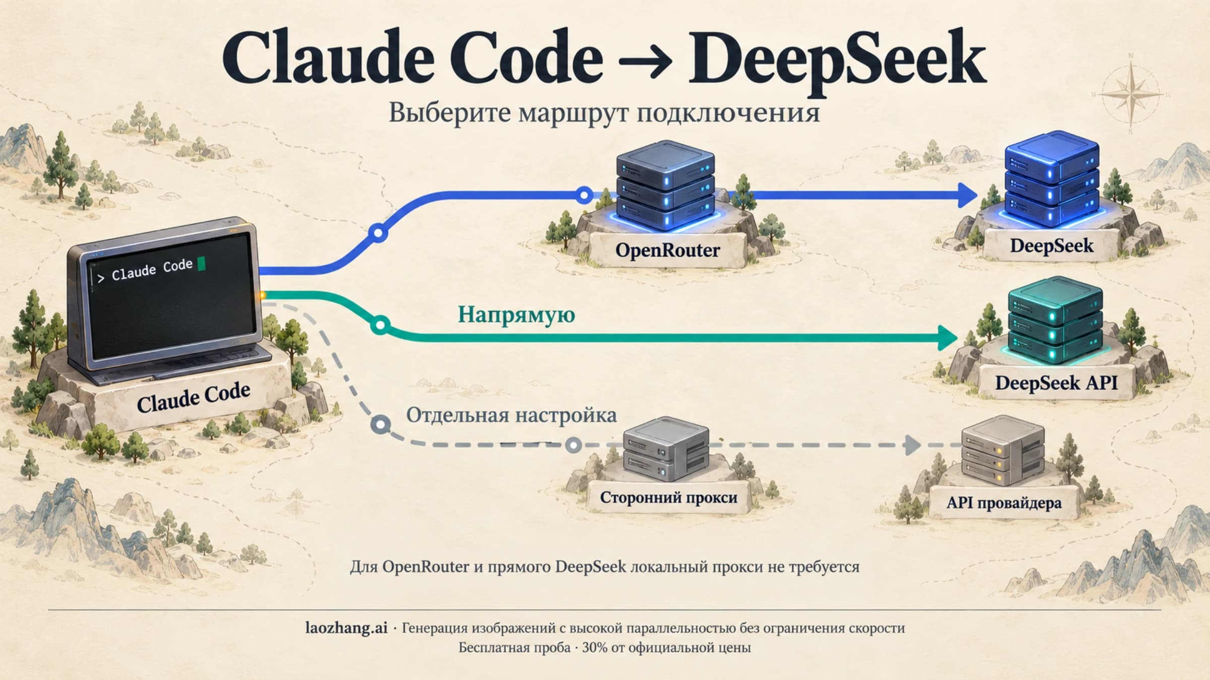 Схема подключения Claude Code через OpenRouter, напрямую к DeepSeek и через сторонний прокси