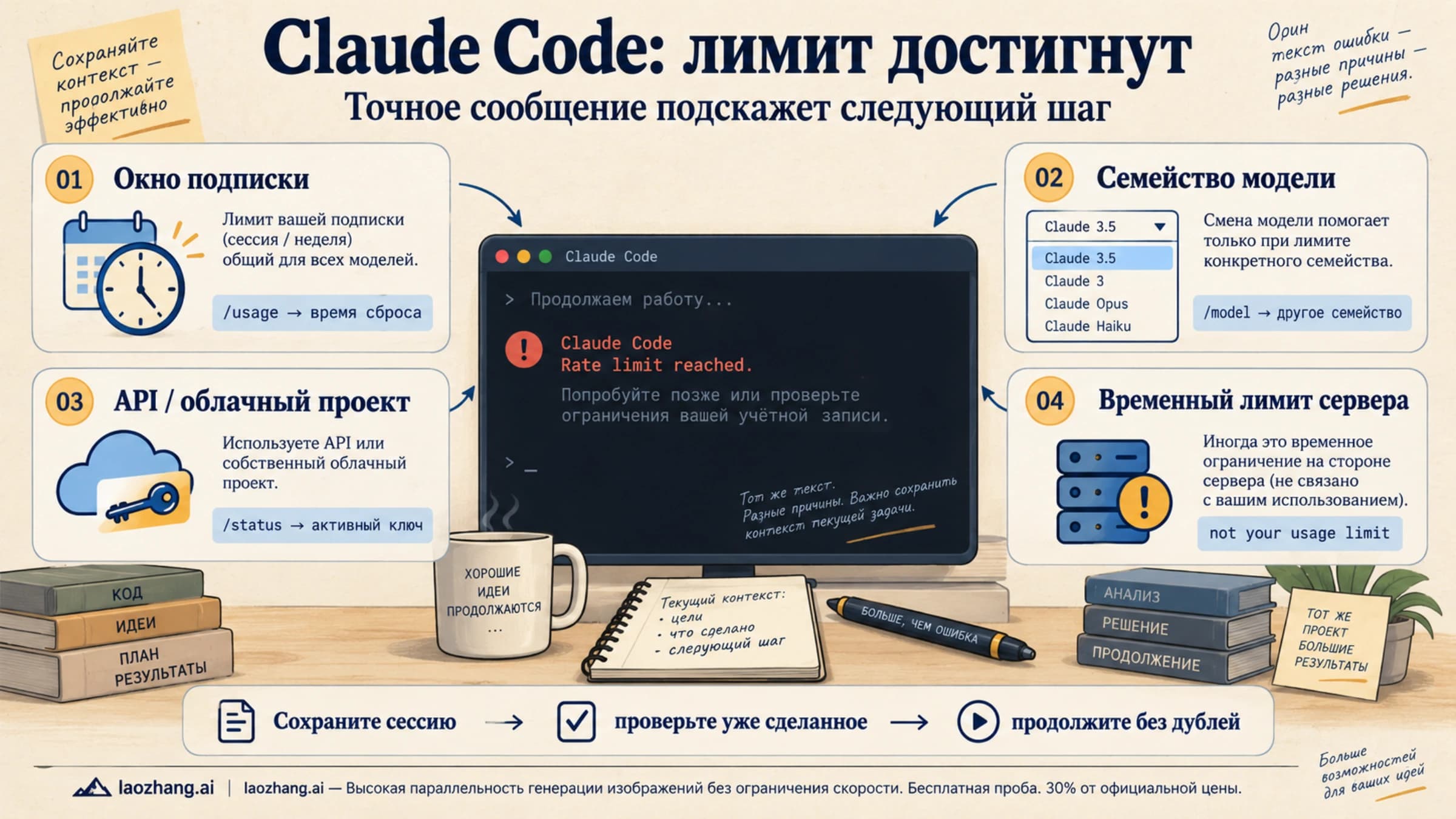 Claude Code: как различить окно подписки, лимит семейства модели, API и временное ограничение сервера