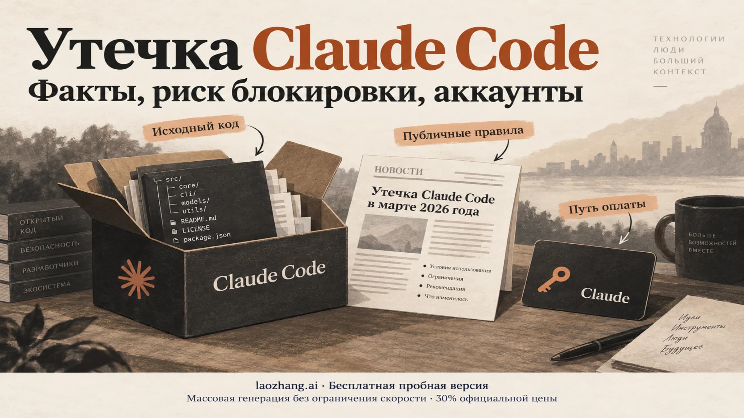 Иллюстрация утечки Claude Code, публичных правил и выбора пути оплаты