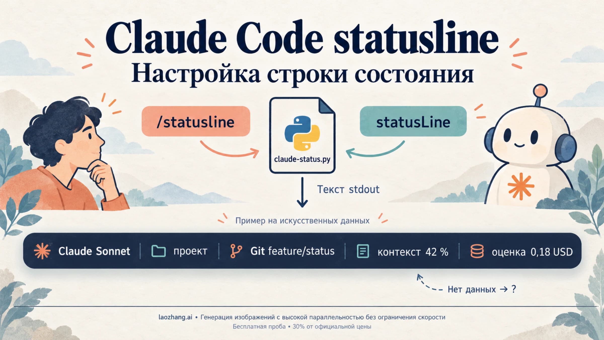 Настройка Claude Code statusline через /statusline или statusLine с Python-скриптом и текстовым stdout