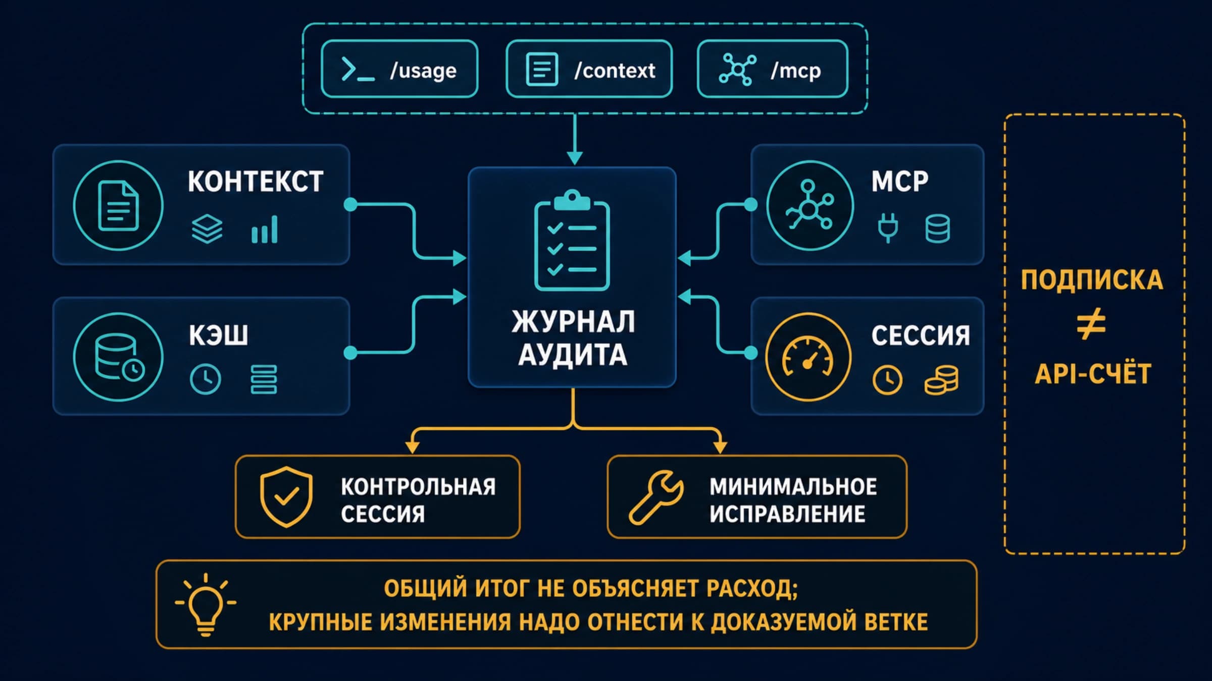 Панель аудита Claude Code с линиями контекста, кэша, MCP и стоимости сессии