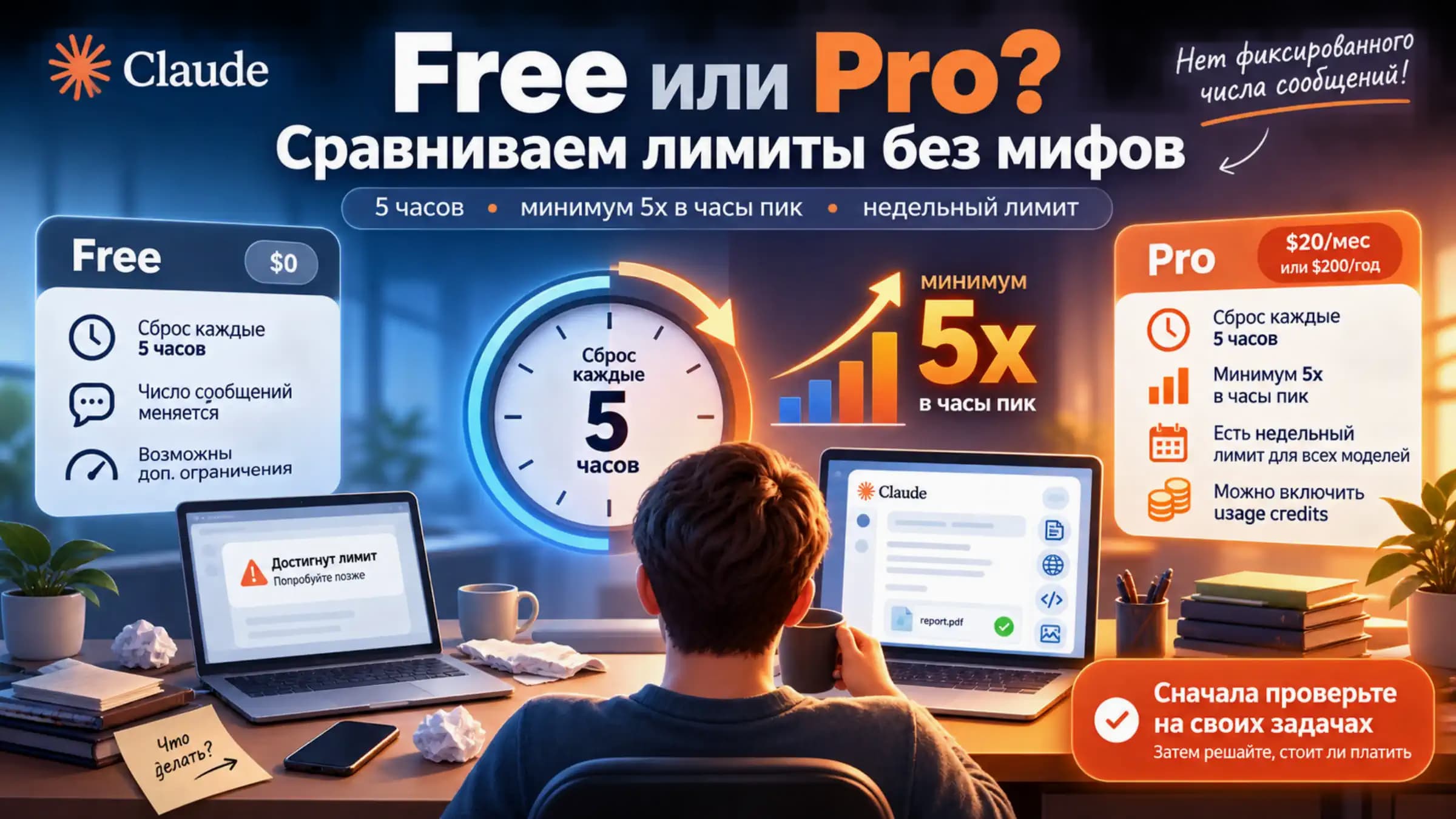 Сравнение лимитов Claude Free и Pro по рабочим задачам и времени сброса