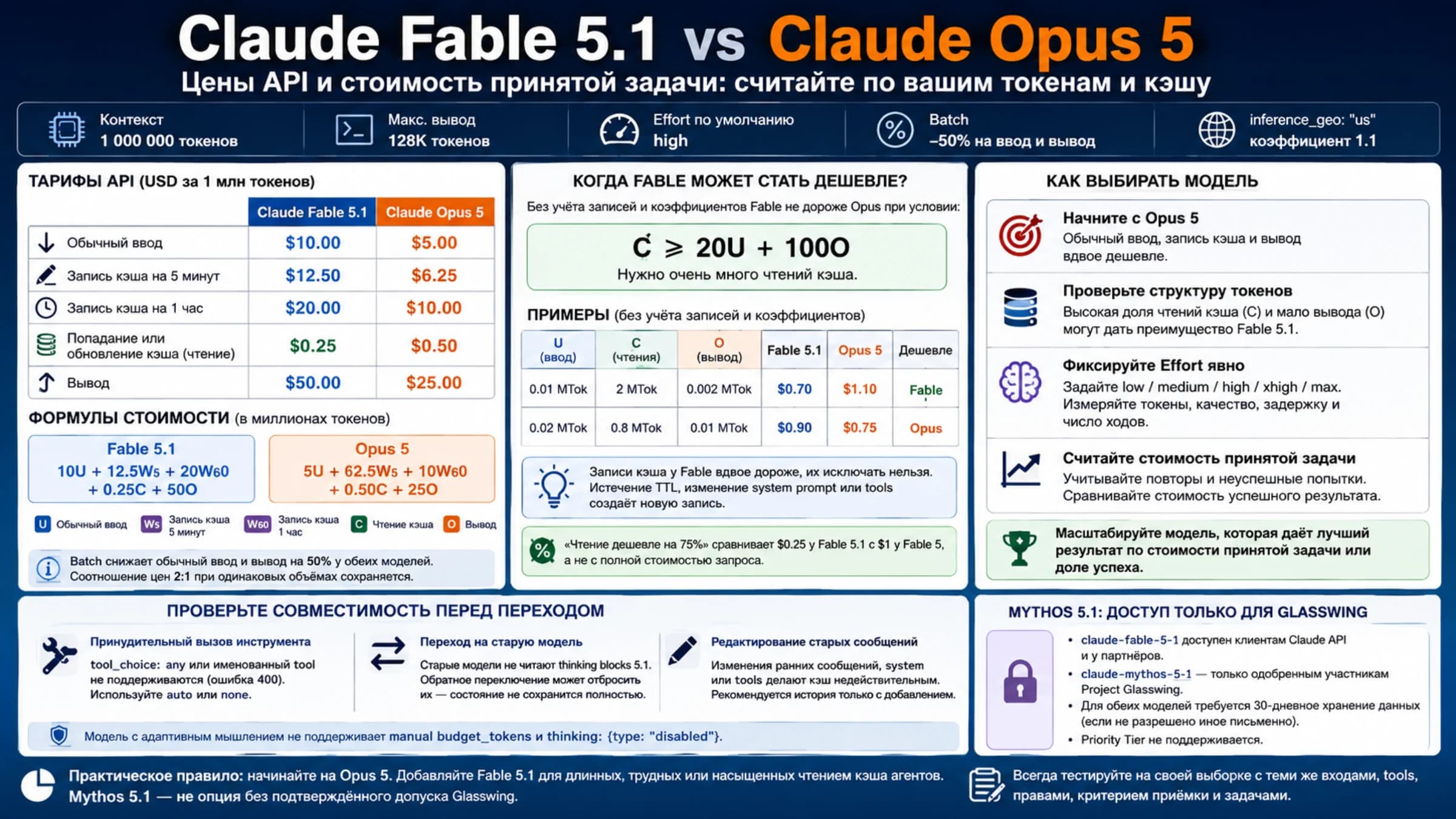 Сравнение стоимости Claude Fable 5.1 и Opus 5 по обычному вводу, записи и чтению кэша, выводу и принятым задачам