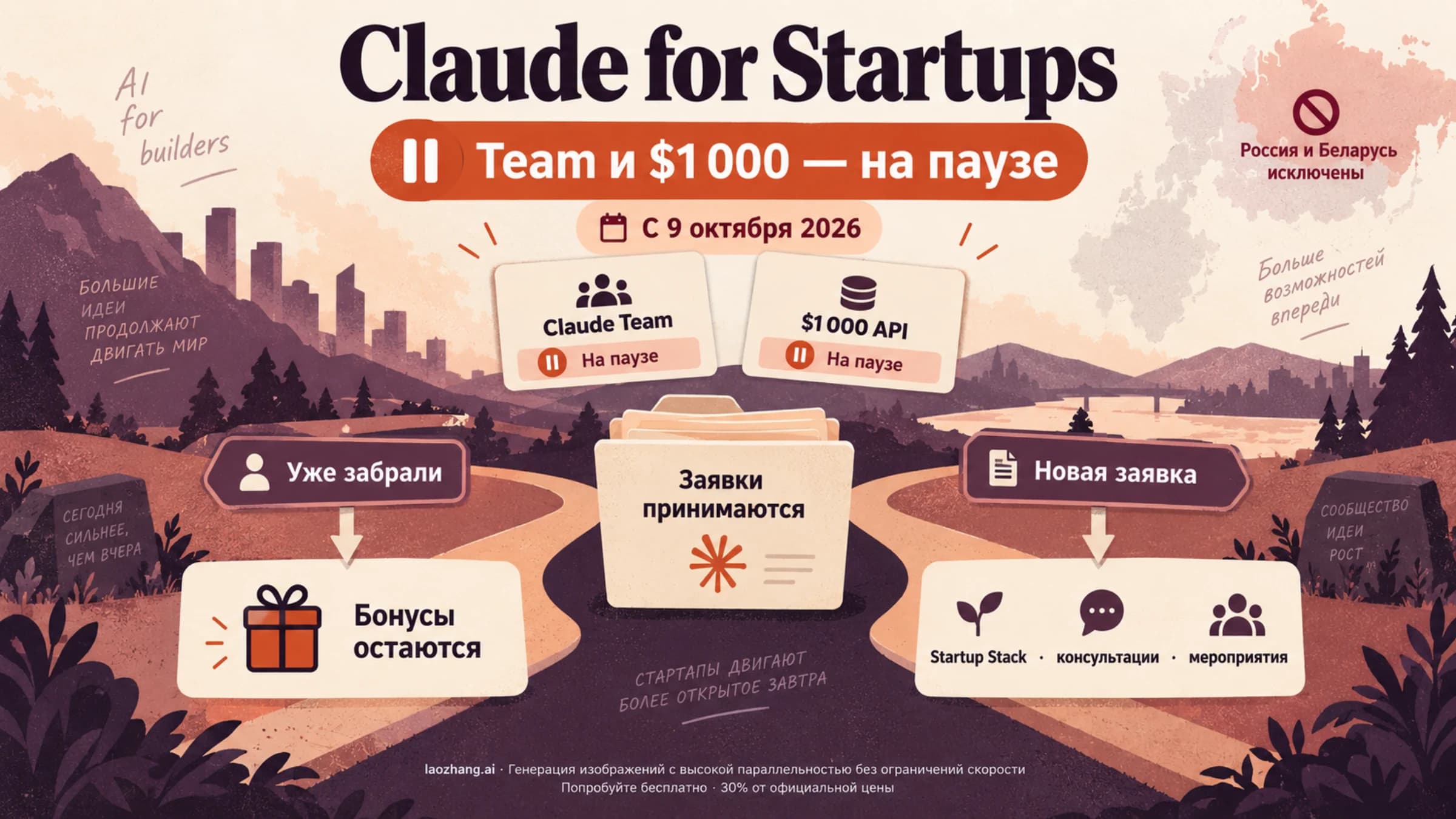 Claude for Startups с 9 октября 2026 года: выдача Claude Team и $1 000 на API приостановлена, заявки принимаются, уже полученные бонусы остаются; новым участникам доступны Startup Stack, консультации и мероприятия