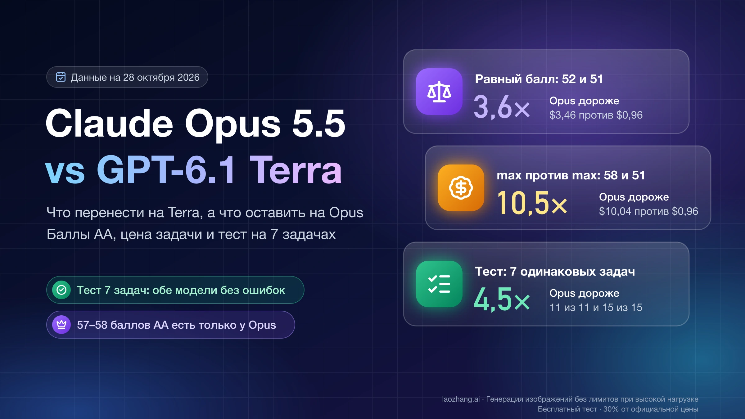 Claude Opus 5.5 и GPT-6.1 Terra: Opus дороже в 3,6 раза при равном балле AA, в 10,5 раза на уровне max и в 4,5 раза в тесте на 7 задачах