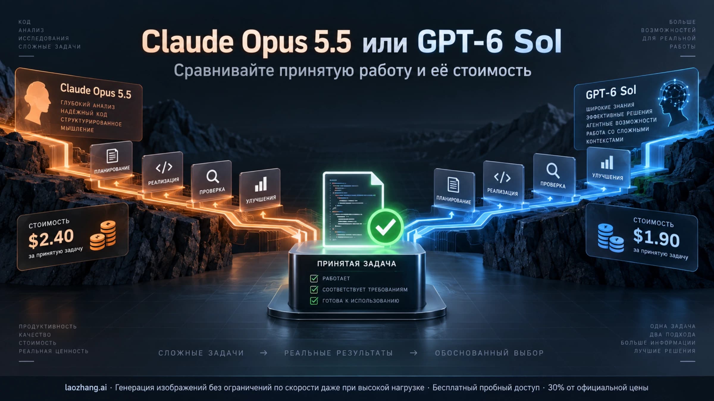 Два варианта работы с ИИ: Claude Opus 5.5 и GPT-6 Sol, между ними — проверенный результат задачи