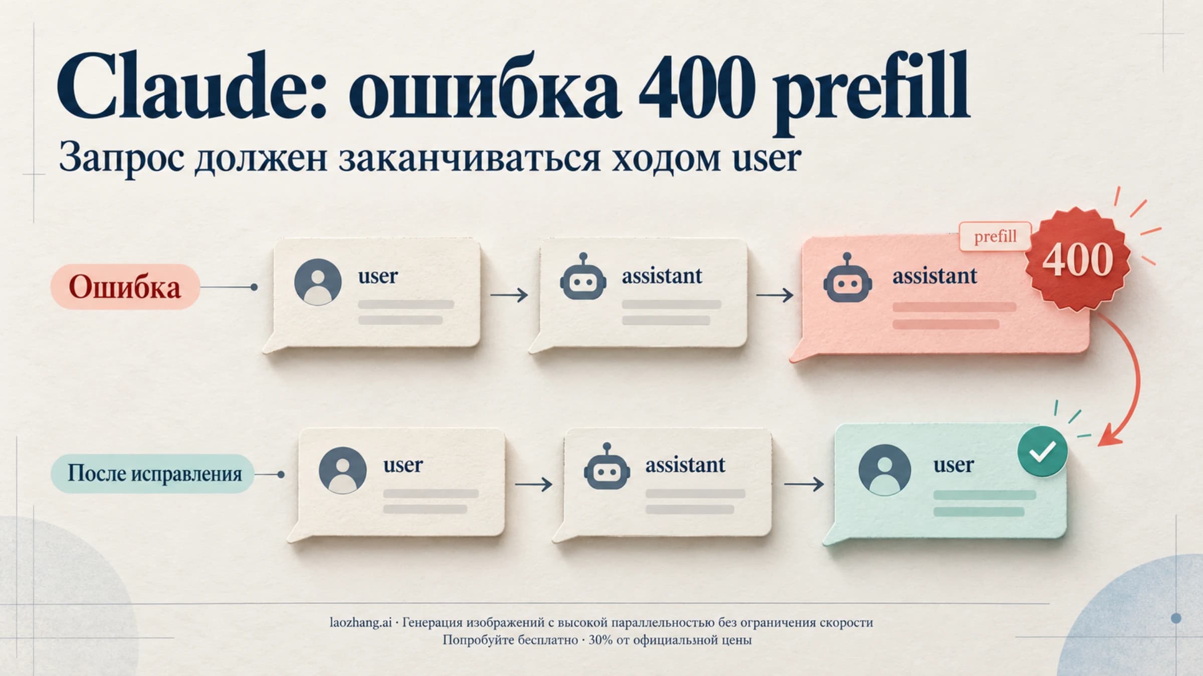 Схема ошибки 400 prefill в Claude: запрос заканчивается ходом assistant вместо user