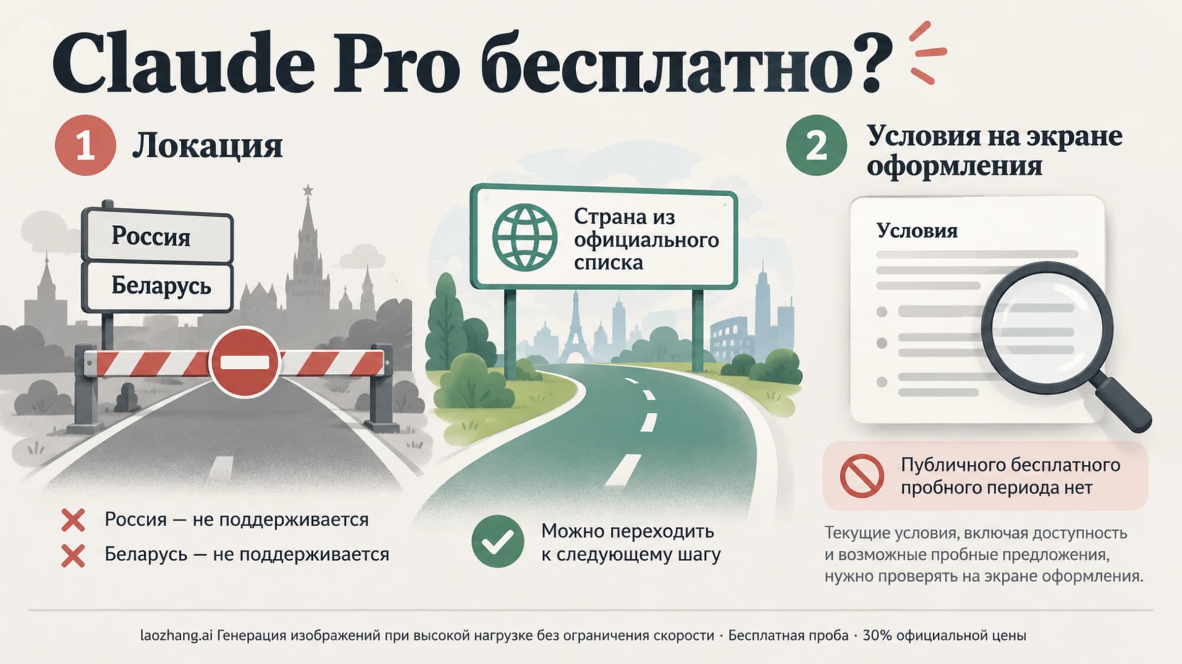 Монитор с вопросом «Claude Pro бесплатно?»: шлагбаум с отметкой «1. Локация» и карточка «2. Условия на экране оформления»