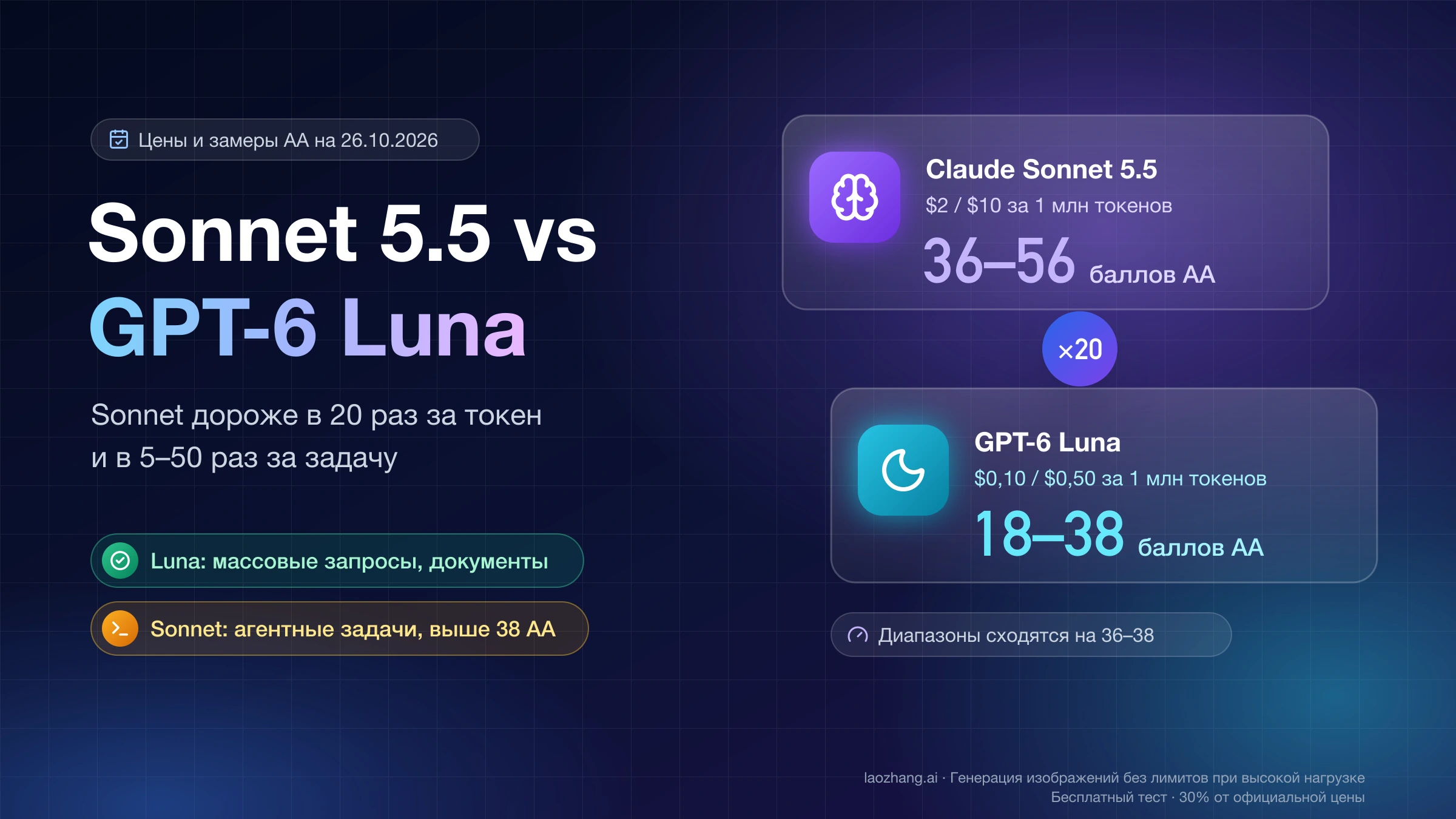 Claude Sonnet 5.5 и GPT-6 Luna: $2 и $10 против $0,10 и $0,50 за 1 млн токенов, 36–56 против 18–38 баллов AA, диапазоны сходятся на 36–38