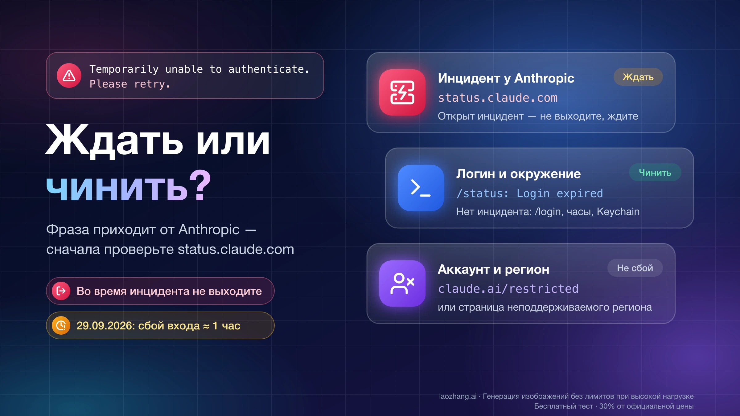 Уведомление Temporarily unable to authenticate в Claude и три ветки диагностики: инцидент у Anthropic — ждать, логин и окружение — чинить, аккаунт и регион — не сбой