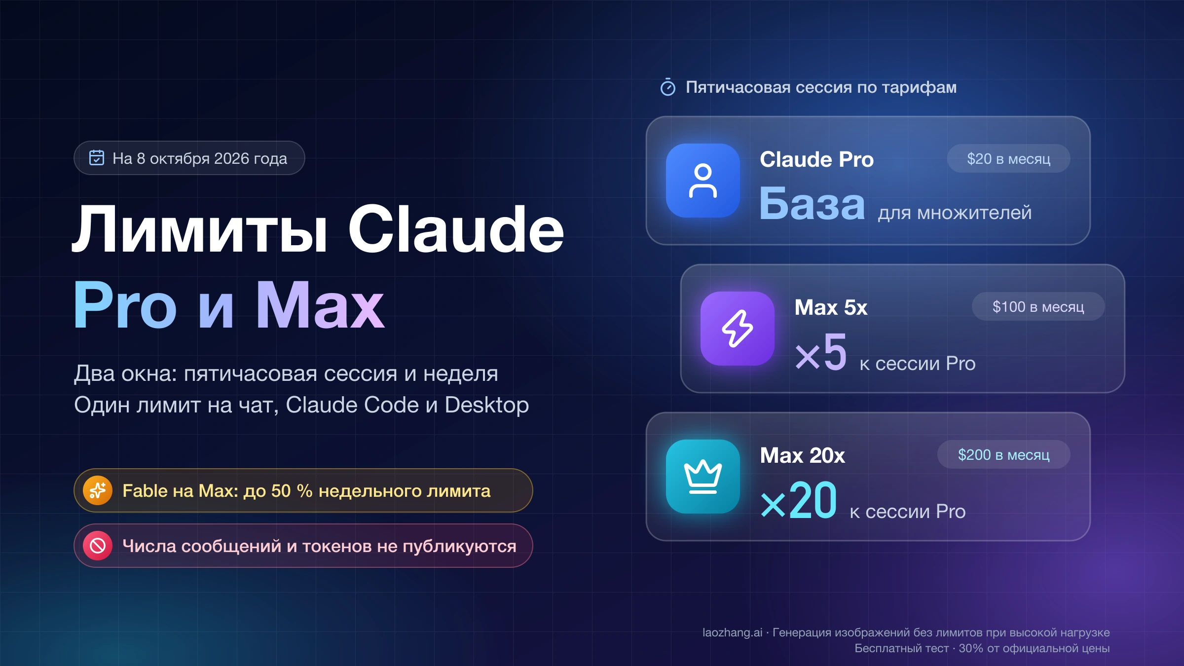 Лимиты Claude Pro и Max: пятичасовая сессия на Max 5x и Max 20x в 5 и 20 раз больше, чем на Pro, а Fable на Max занимает до 50 % недельного лимита