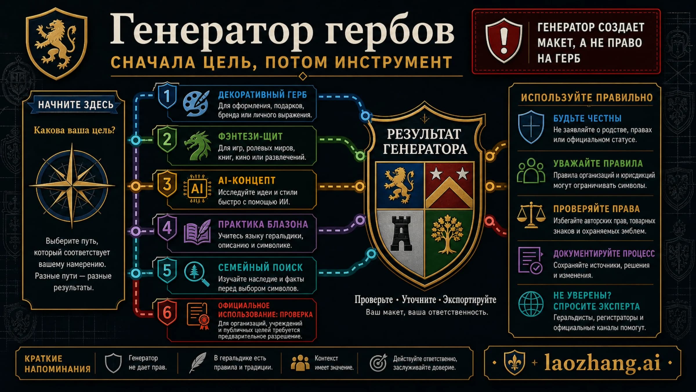 Русская карта маршрутов для генератора гербов с разделением декоративных, AI, фэнтези, блазонных, семейных и официальных задач.