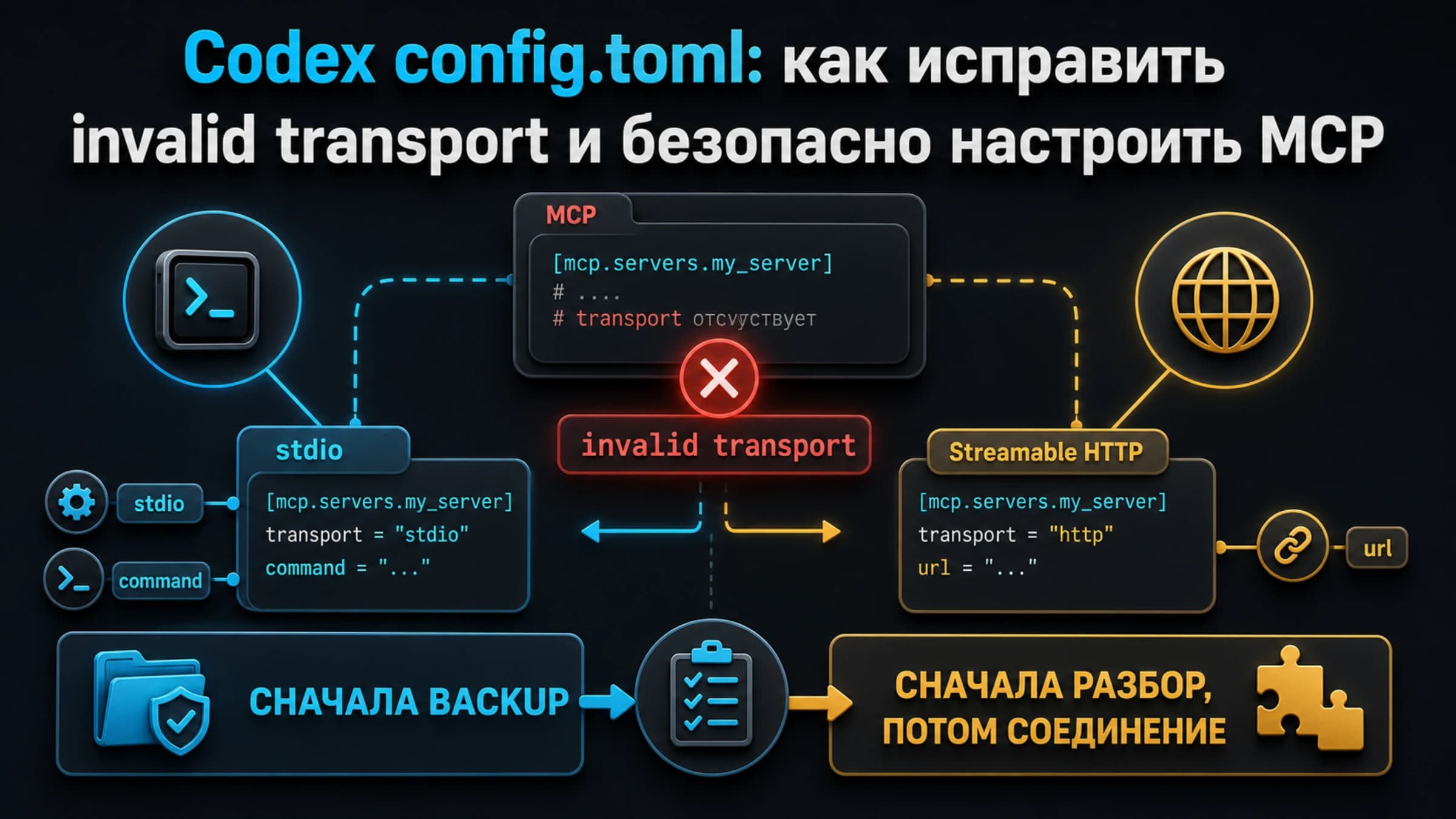 Схема ошибки invalid transport в Codex config.toml: неполный MCP block и ветви stdio command или HTTP url
