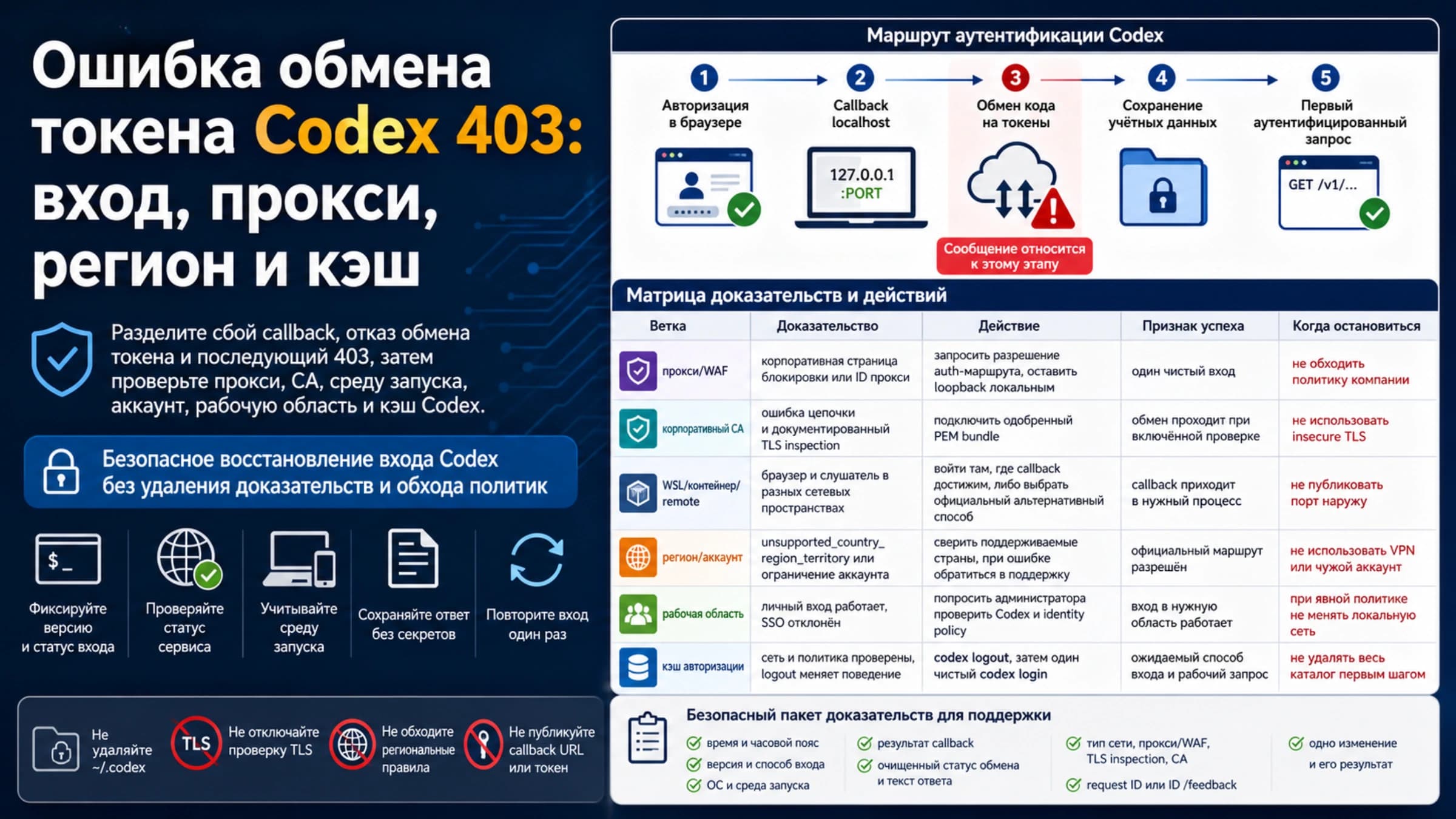 Схема диагностики ошибки обмена токена Codex 403 по входу, прокси, региону и кэшу
