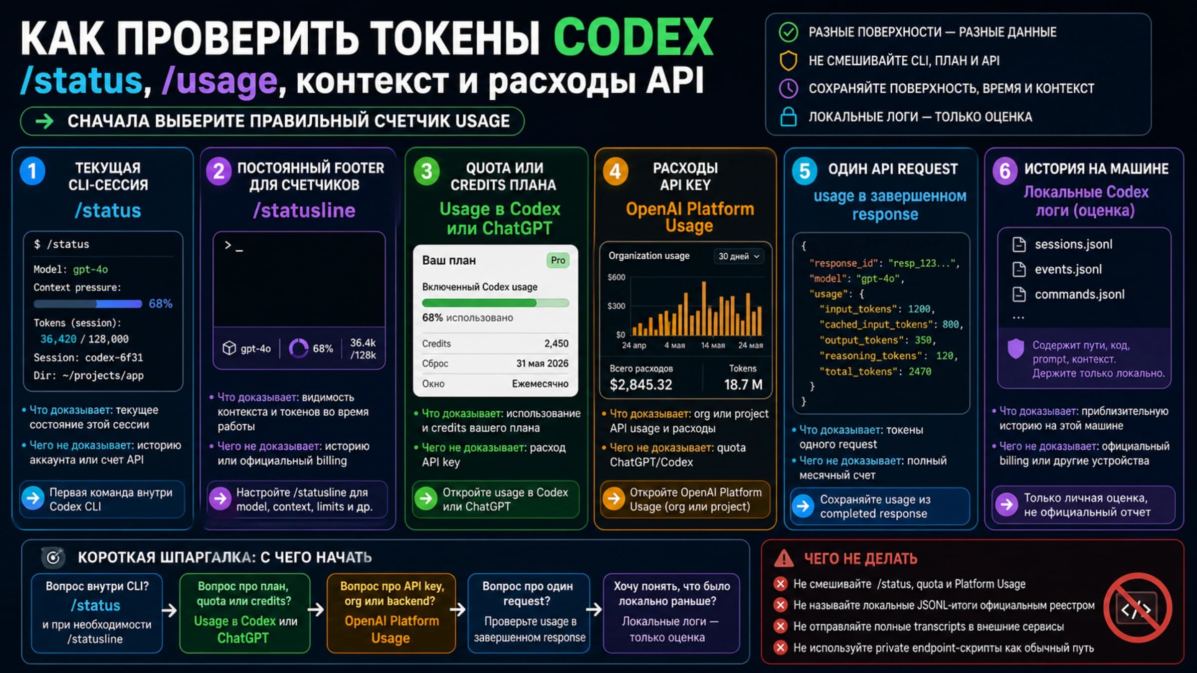 Карта token и context usage для Codex: CLI session, context pressure, statusline, plan quota, API billing, response usage и local estimates
