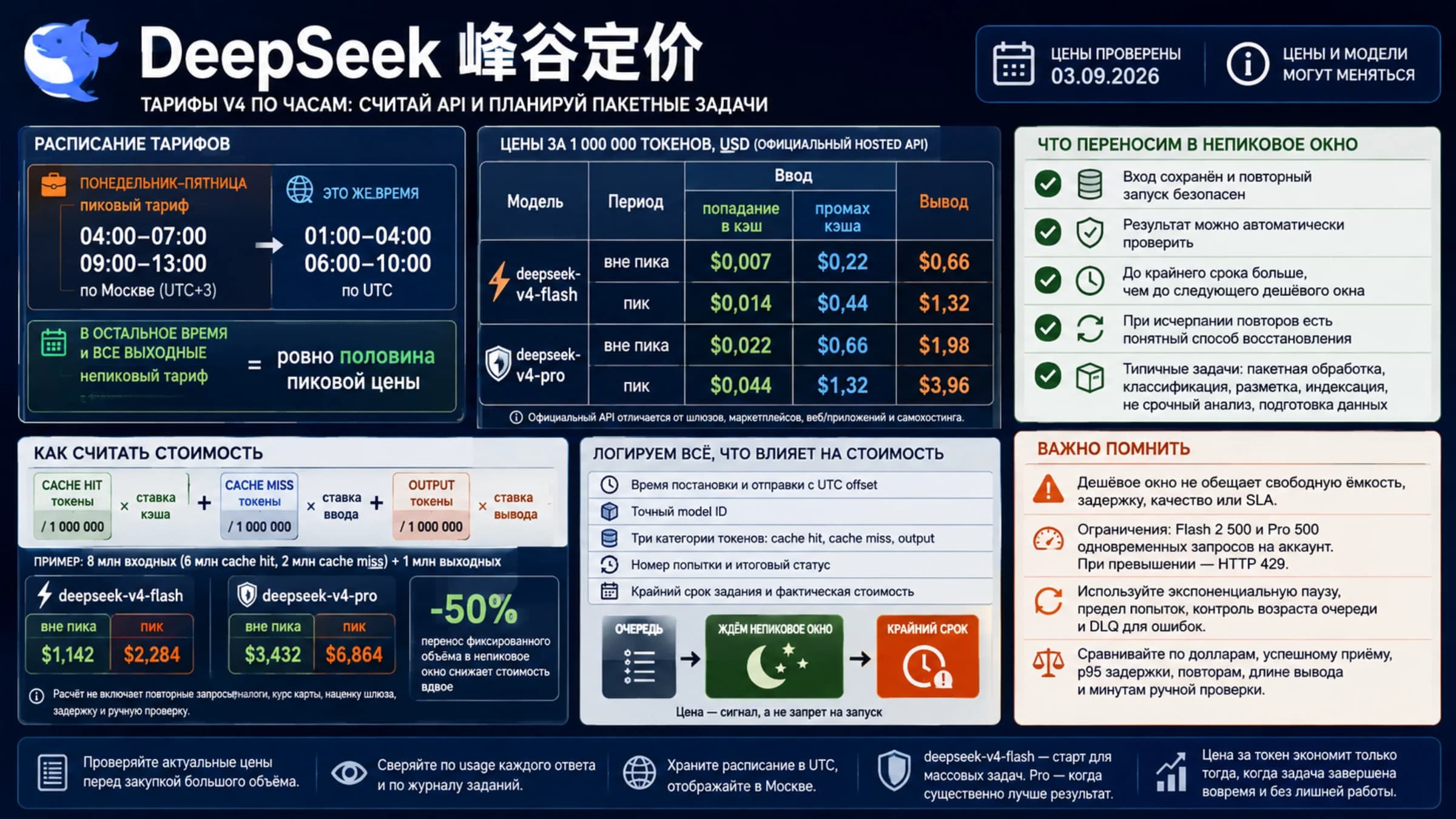 Расписание пиков DeepSeek V4, тарифы токенов, пример счёта и правила переноса задач