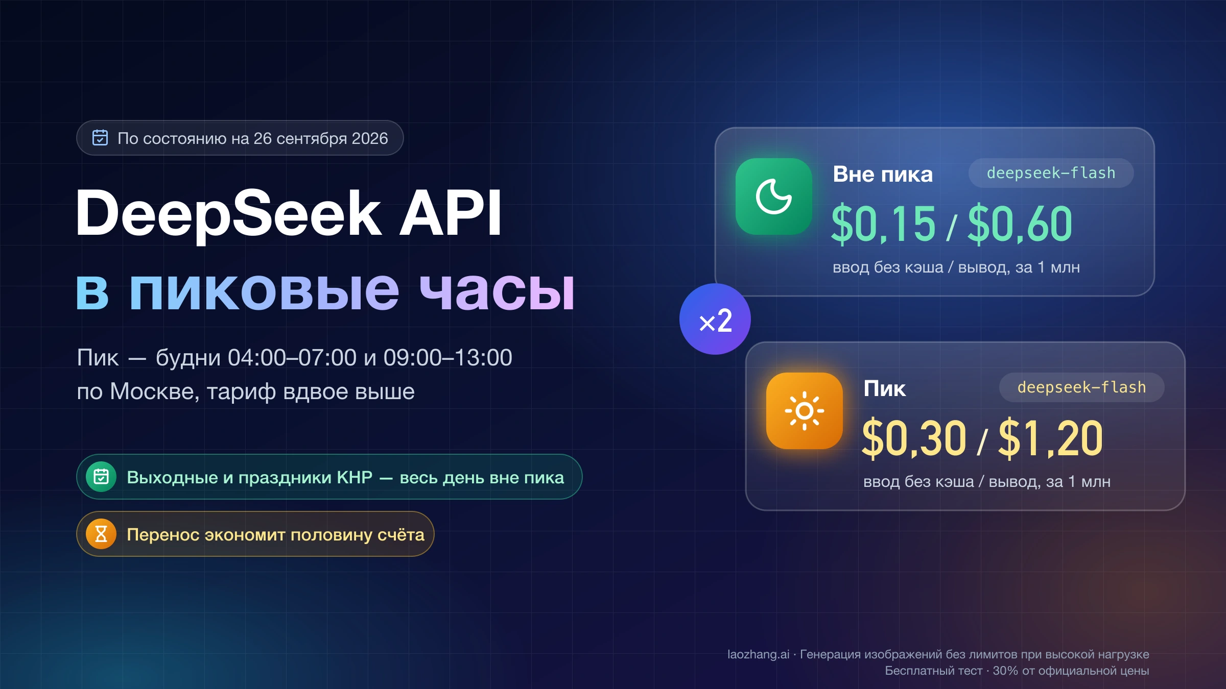 Цены deepseek-flash вне пика и в пик: $0,15 и $0,30 за ввод без кэша, $0,60 и $1,20 за вывод; пик в будни 04:00–07:00 и 09:00–13:00 по Москве