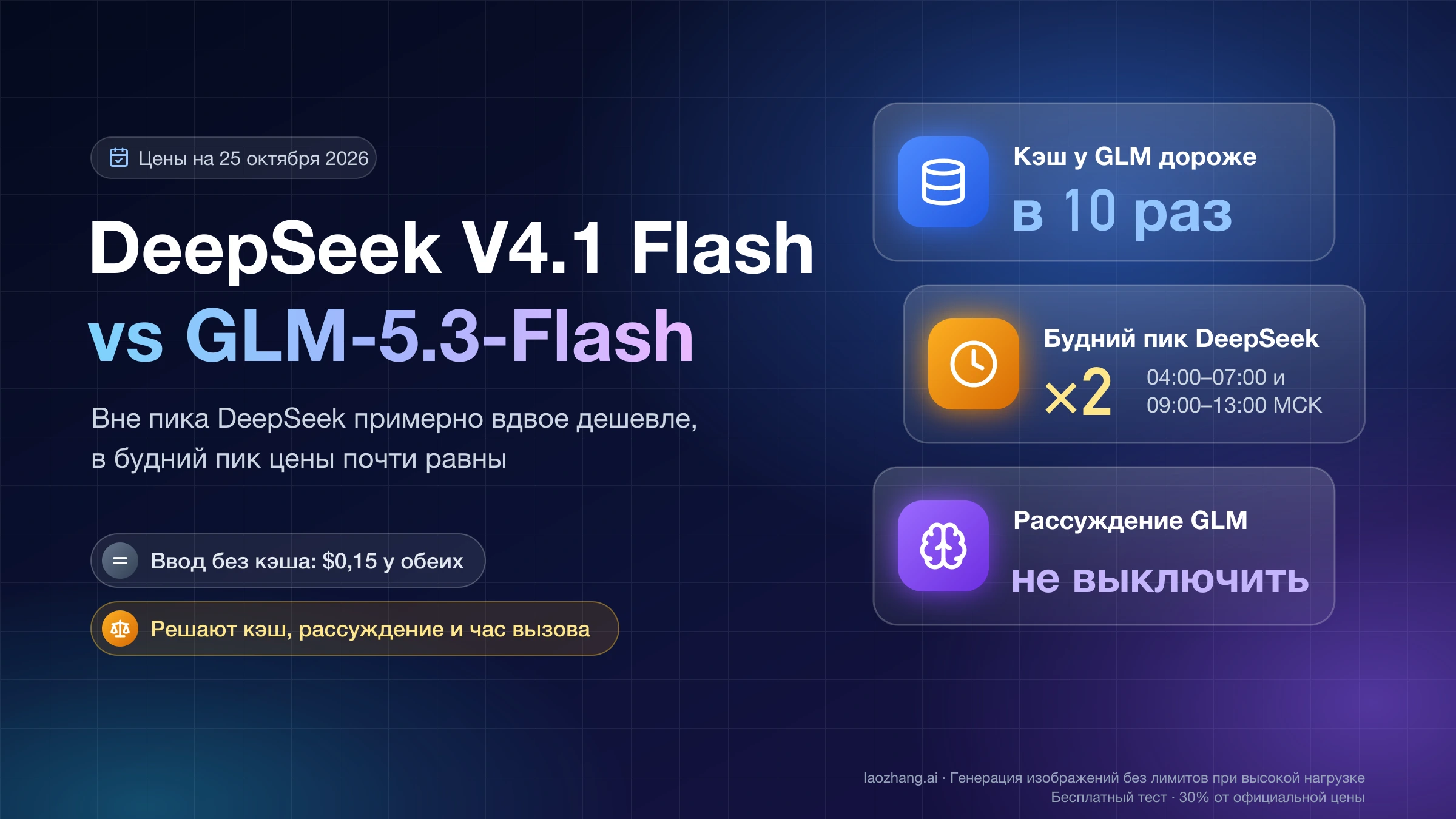 DeepSeek V4.1 Flash и GLM-5.3-Flash: кэш у GLM в 10 раз дороже, в будний пик DeepSeek цены удваиваются, рассуждение GLM не выключается