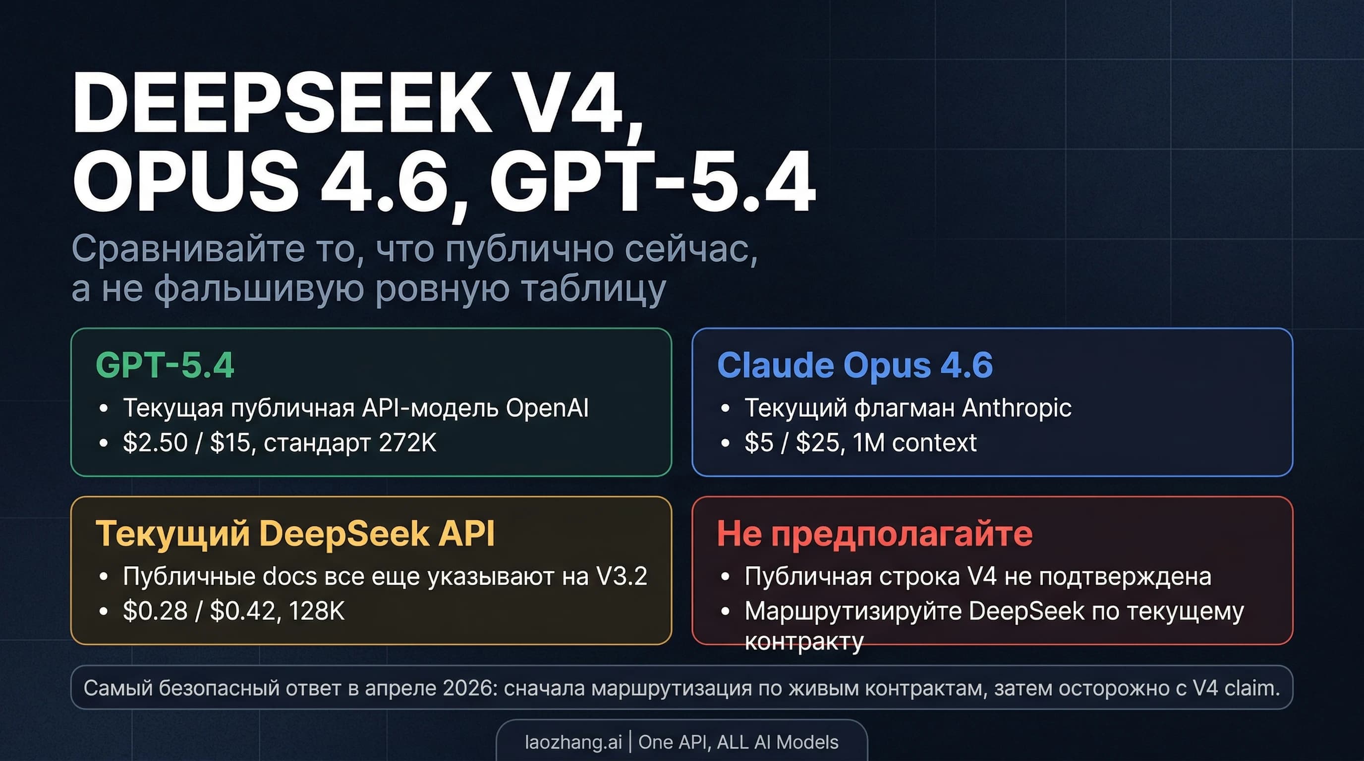 Сравнение DeepSeek V4, Claude Opus 4.6 и GPT-5.4 с акцентом на то, что публично подтверждено в апреле 2026
