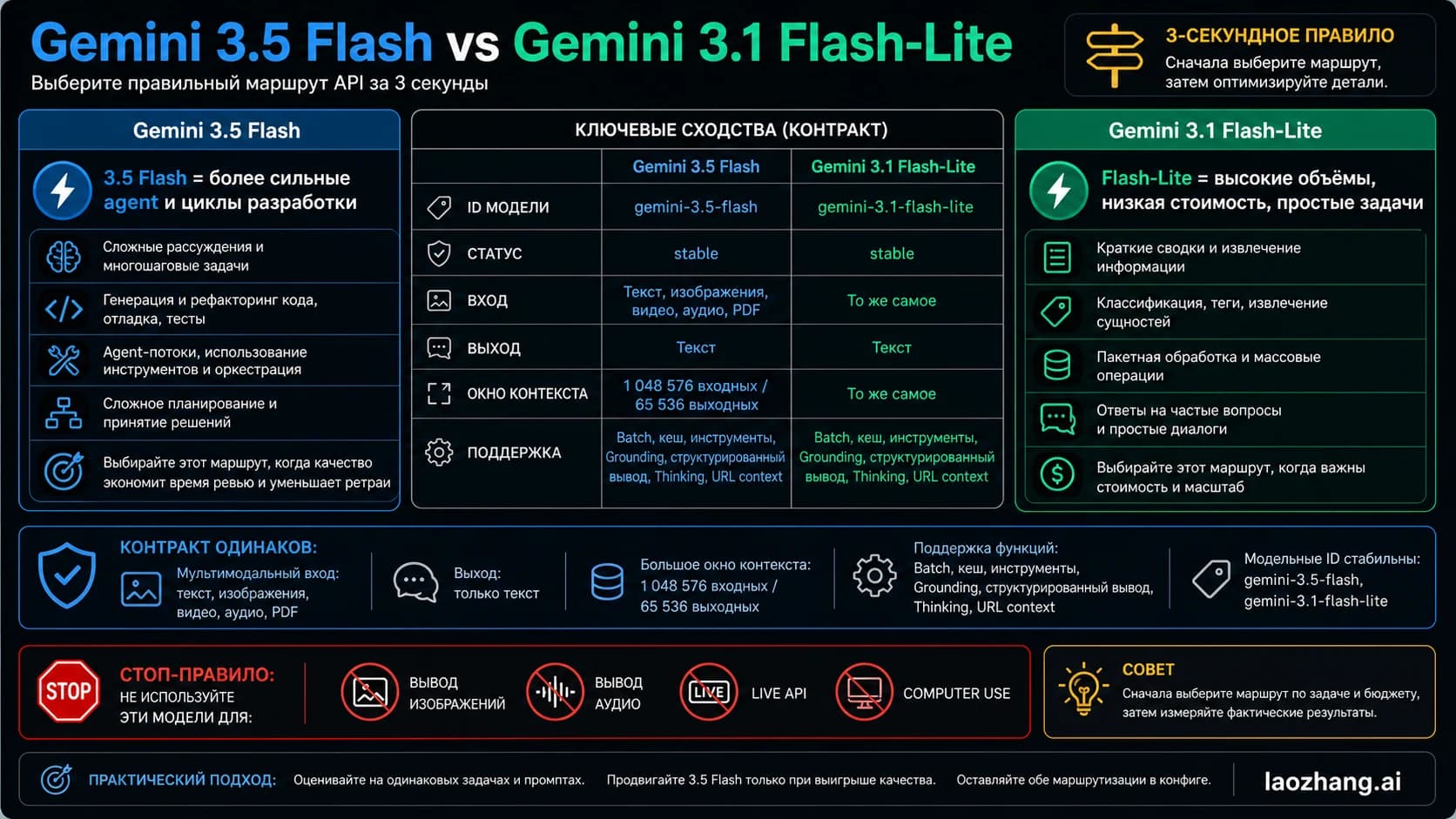 Decision board comparing Gemini 3.5 Flash and Gemini 3.1 Flash-Lite for quality route, low-cost route, shared contract, and stop rules.