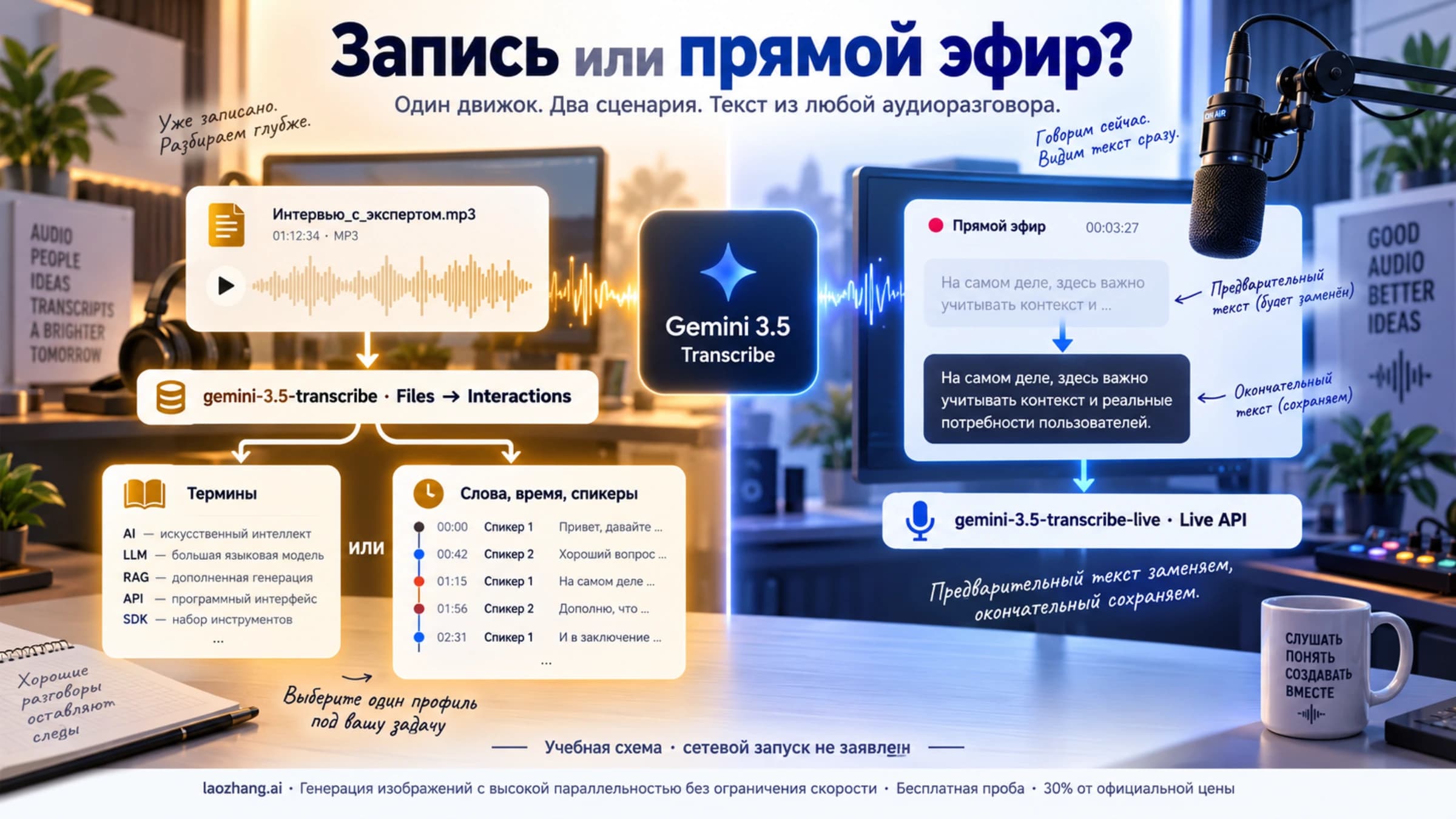 Два пути Gemini 3.5 Transcribe: отдельные профили записи через Interactions и предварительные/окончательные субтитры Live