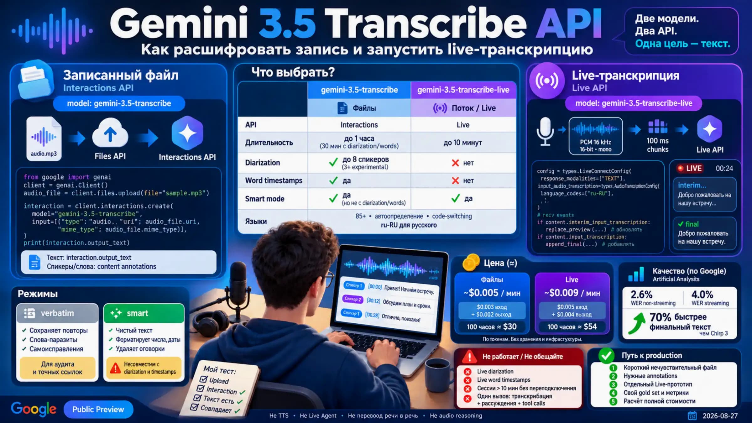 Две модели Gemini 3.5 Transcribe для записанного файла и Live-потока с API, режимами, ценой и проверкой