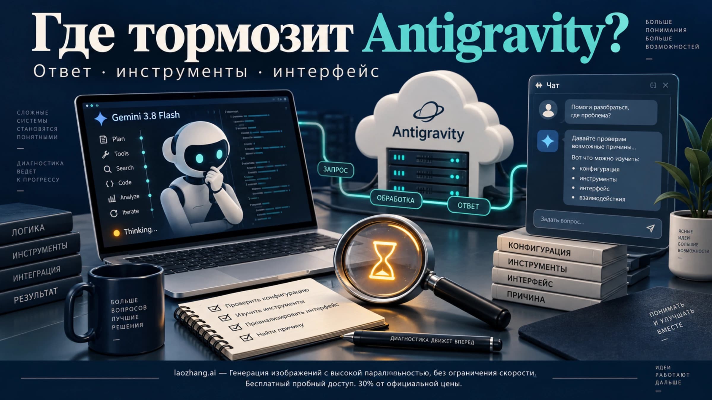 Иллюстрация поиска причины задержки в Antigravity: модель, сервер, инструменты и окно чата