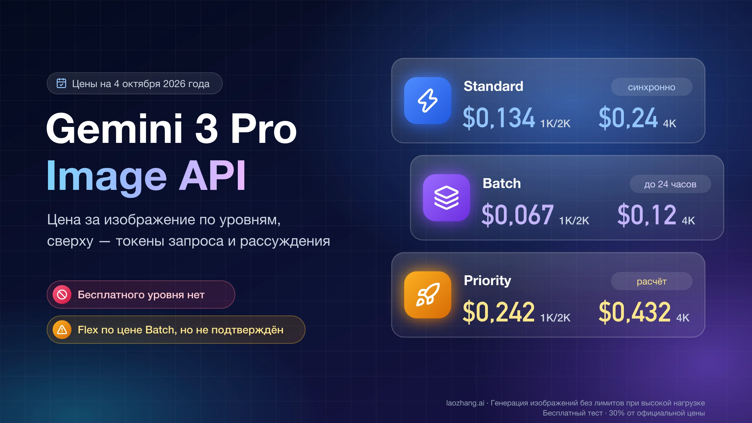 Цена Gemini 3 Pro Image API за изображение 1K/2K и 4K: Standard $0,134 и $0,24, Batch $0,067 и $0,12, Priority $0,242 и $0,432 по расчёту