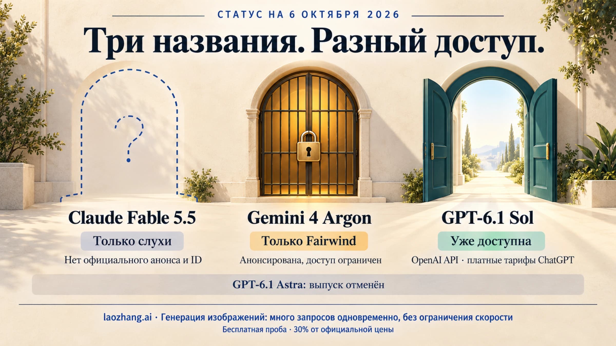 Обложка со статусом трёх моделей на 6 октября 2026 года: Fable 5.5 — слух, Gemini 4 Argon тогда была открыта только участникам Fairwind, а с 13 октября доступна в платном Gemini API, GPT-6.1 Sol выпущена, выпуск GPT-6.1 Astra отменён.