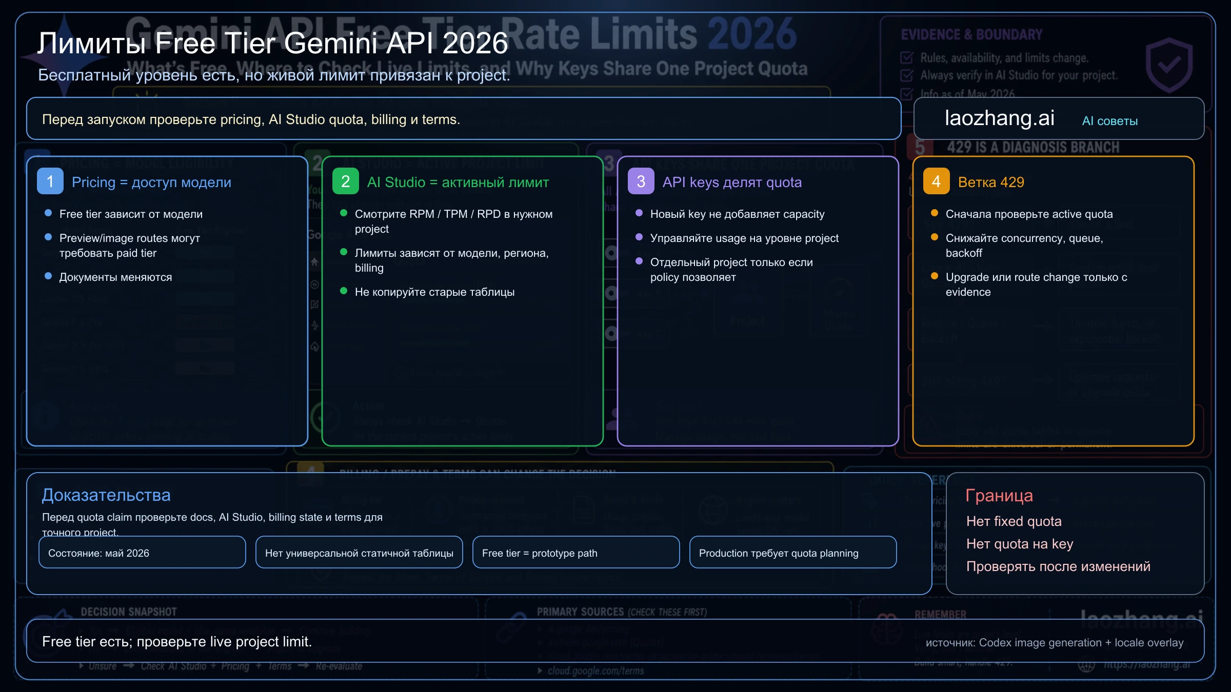 Карта Gemini API free-tier rate limits: pricing, AI Studio live quota, project-level keys, billing и 429 recovery