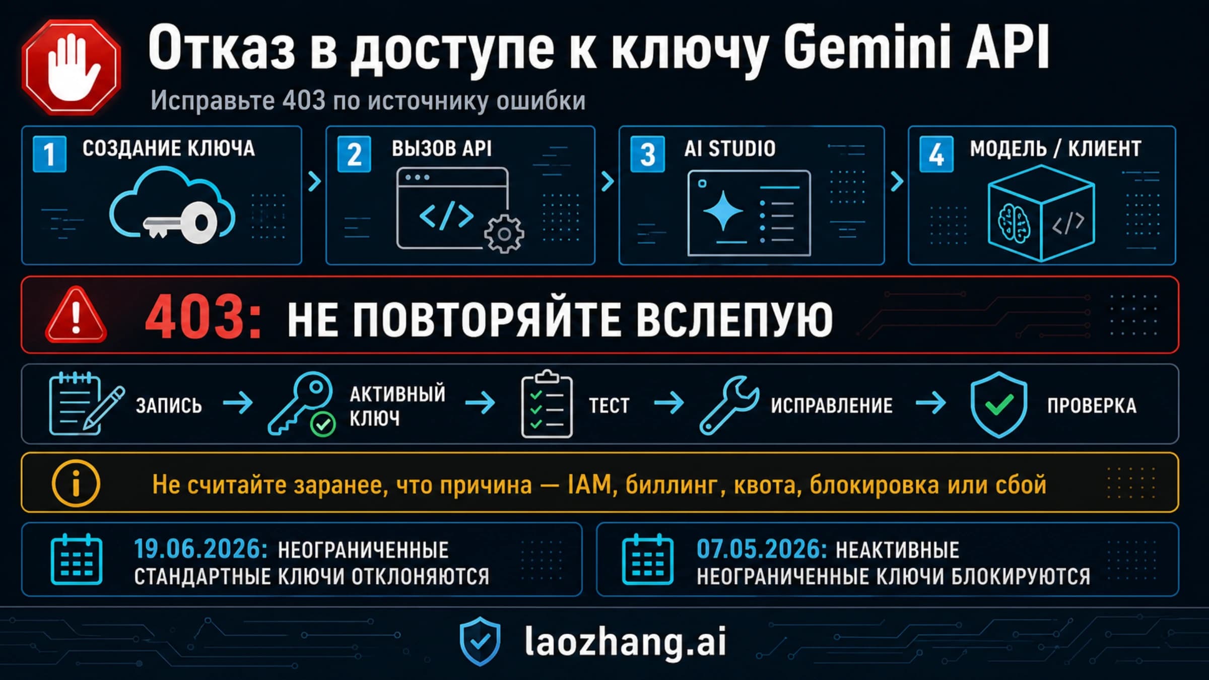 Схема диагностики Gemini API 403 с четырьмя местами отказа, запретом слепых повторов и изменениями правил ключей в 2026 году