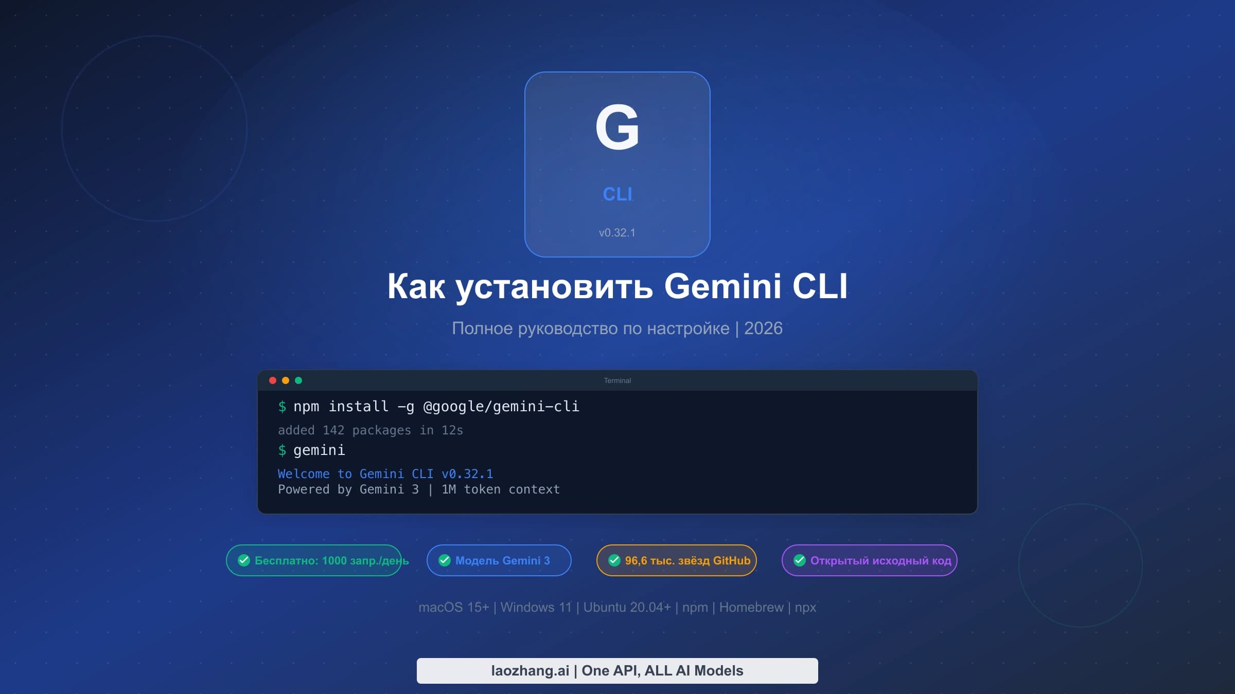 Обложка инструкции по установке Gemini CLI на macOS, Windows и Linux