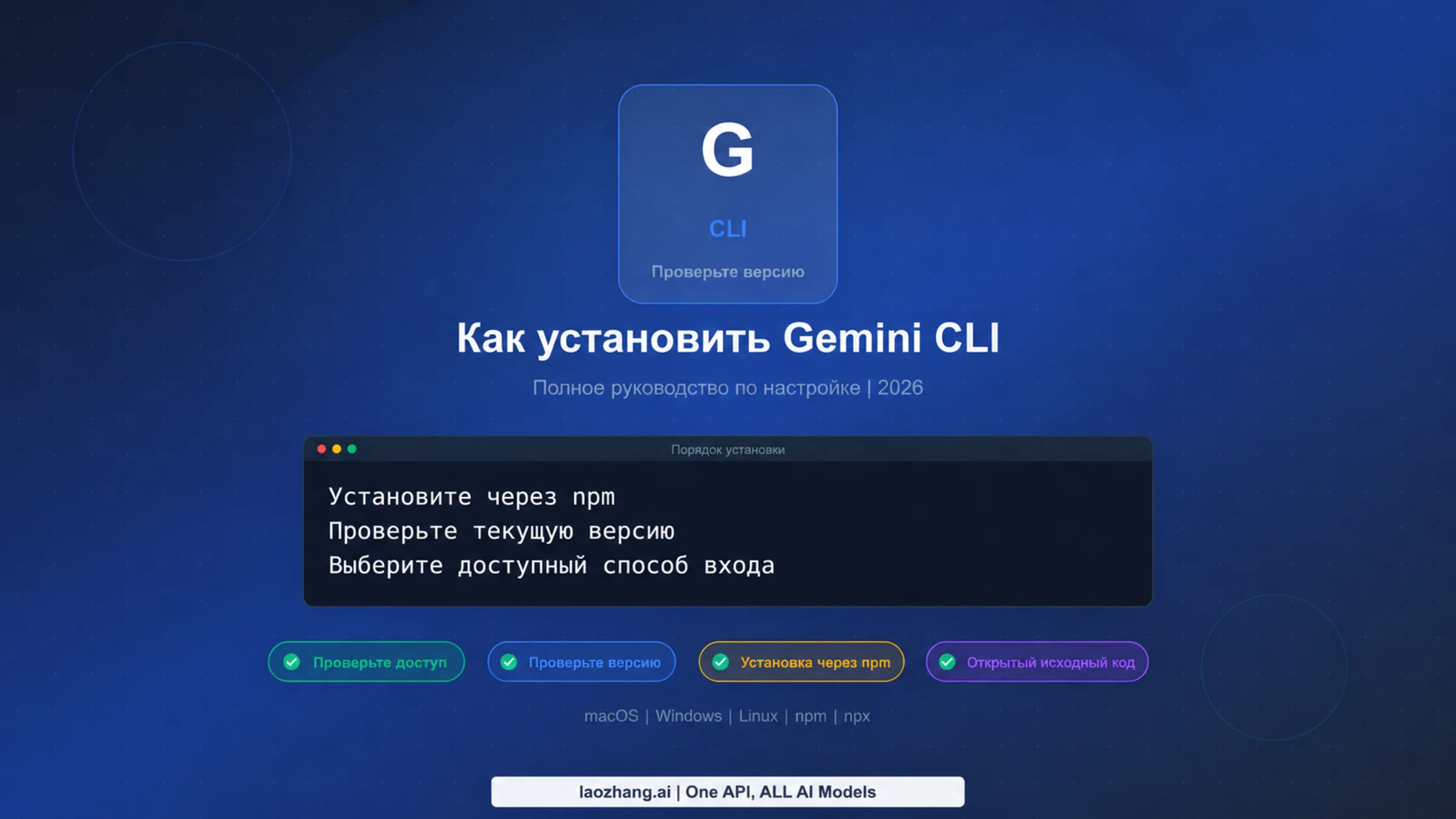 Обложка инструкции по установке Gemini CLI на macOS, Windows и Linux
