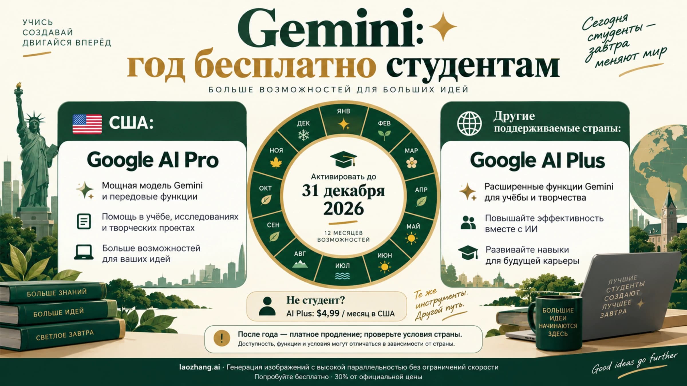 Скидки Gemini в октябре 2026: студентам США AI Pro на год, в других поддерживаемых странах AI Plus на год; активация до 31 декабря, AI Plus от $4,99 в США
