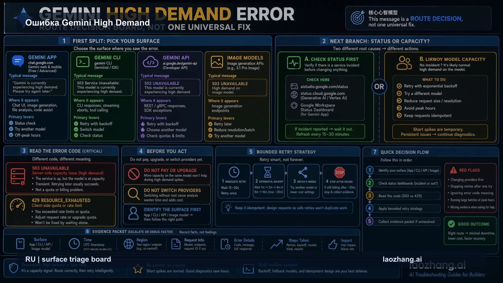 Схема диагностики ошибки Gemini high demand для приложения, CLI, API и image preview
