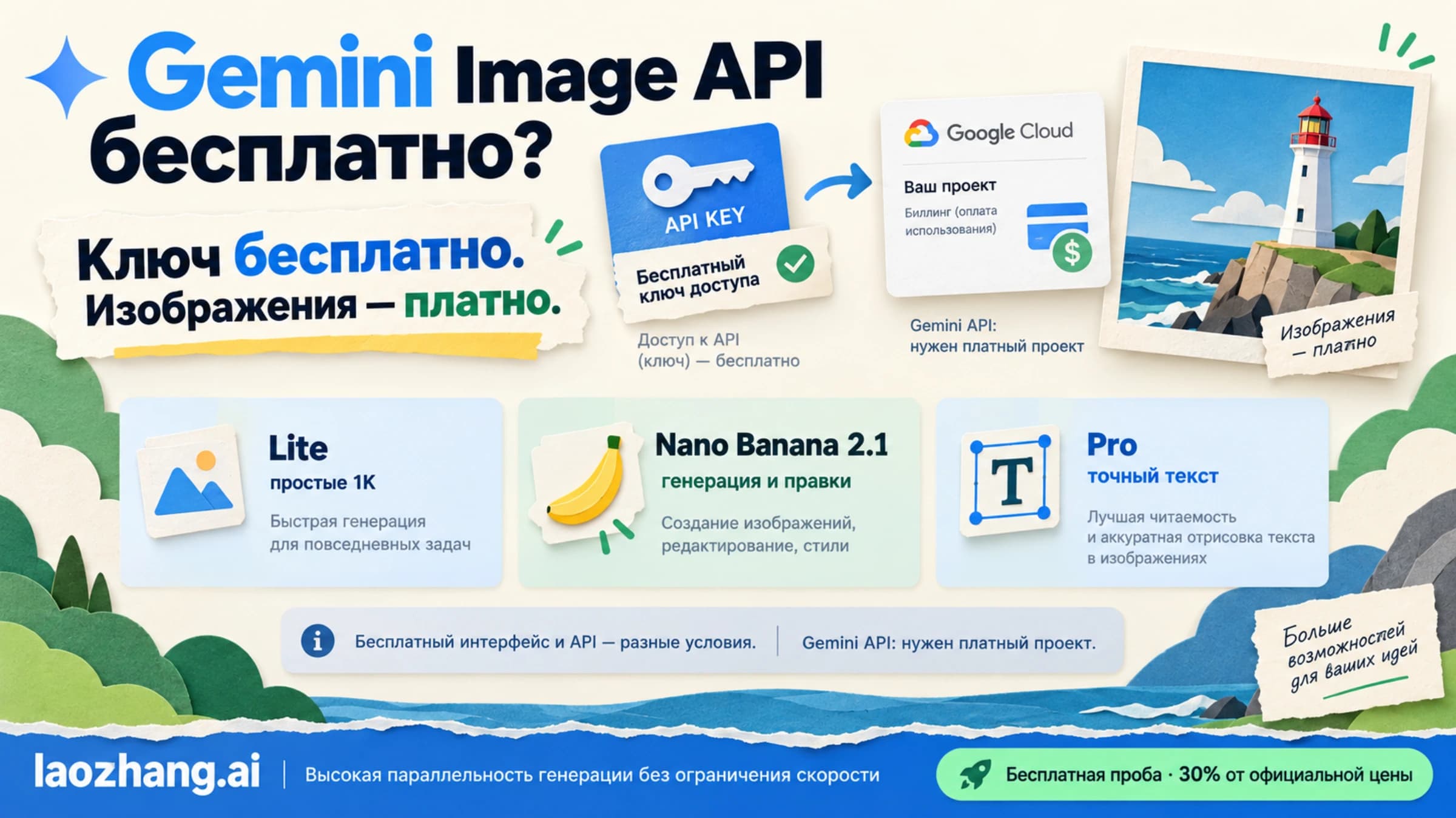 Бесплатный API-ключ и платный проект для генерации изображений через Lite, Nano Banana 2.1 или Pro