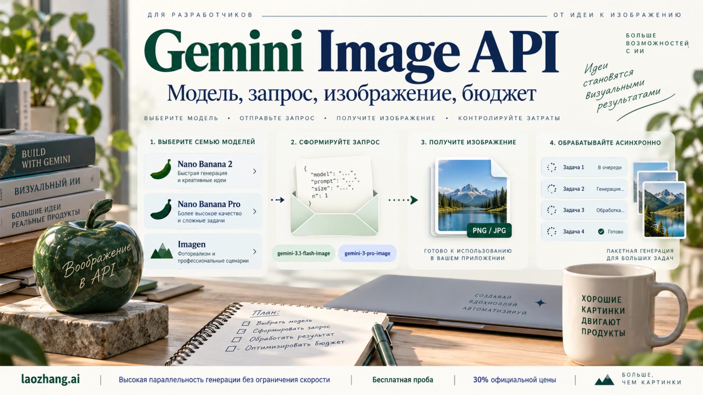 Выбор семейства модели, запрос изображения и планирование бюджета Gemini Image API