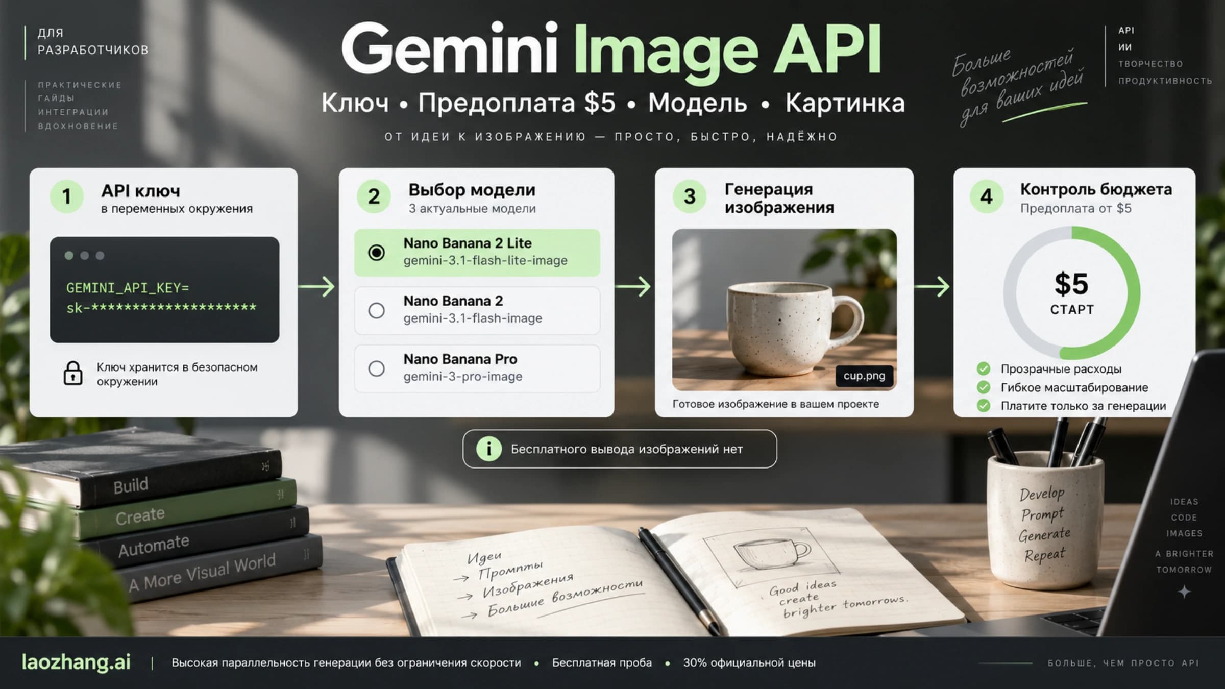 Gemini Image API: ключ, предоплата от $5, три текущие модели и получение файла изображения