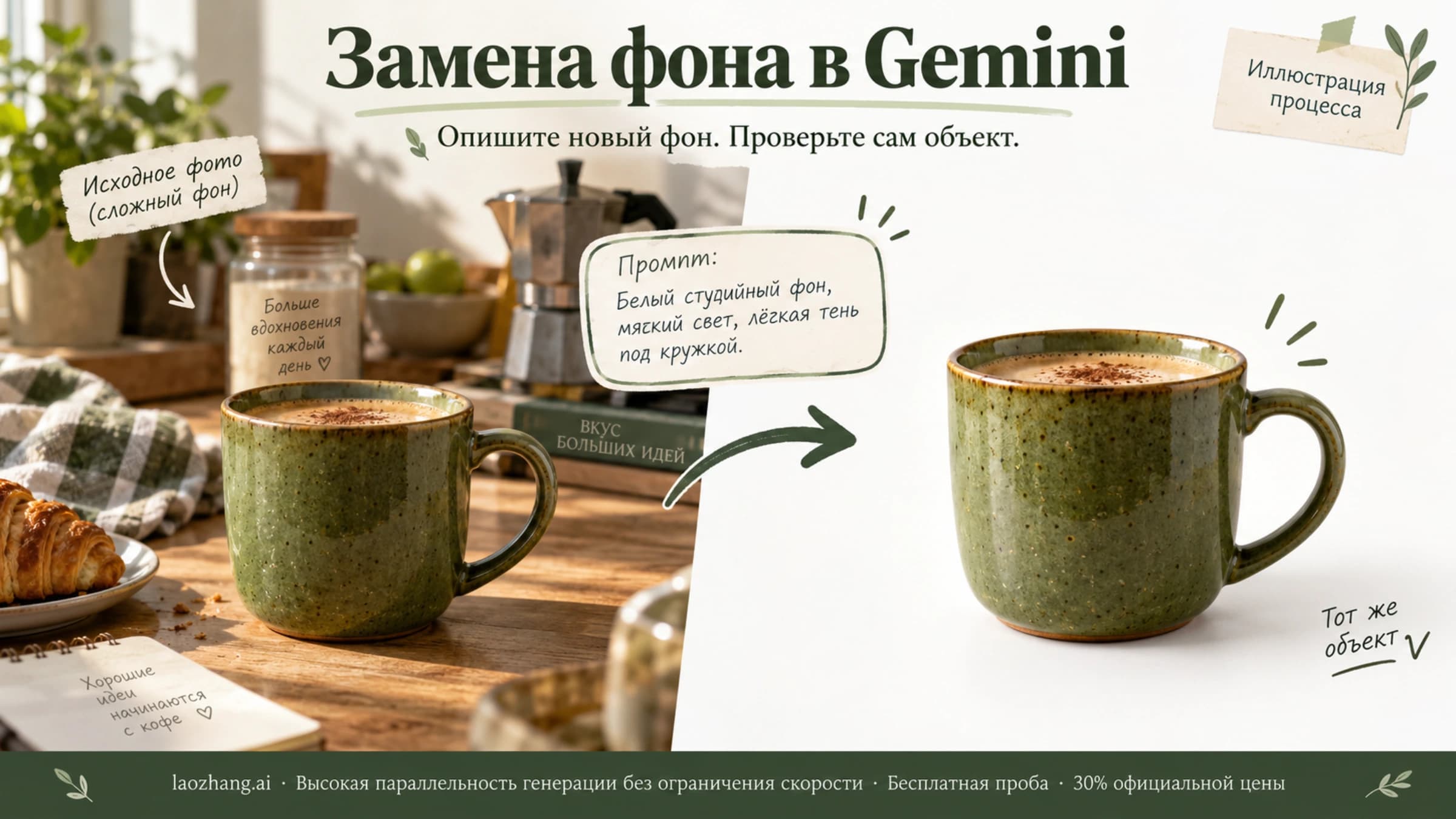 Иллюстрация замены фона фотографии товара по описанию в Gemini