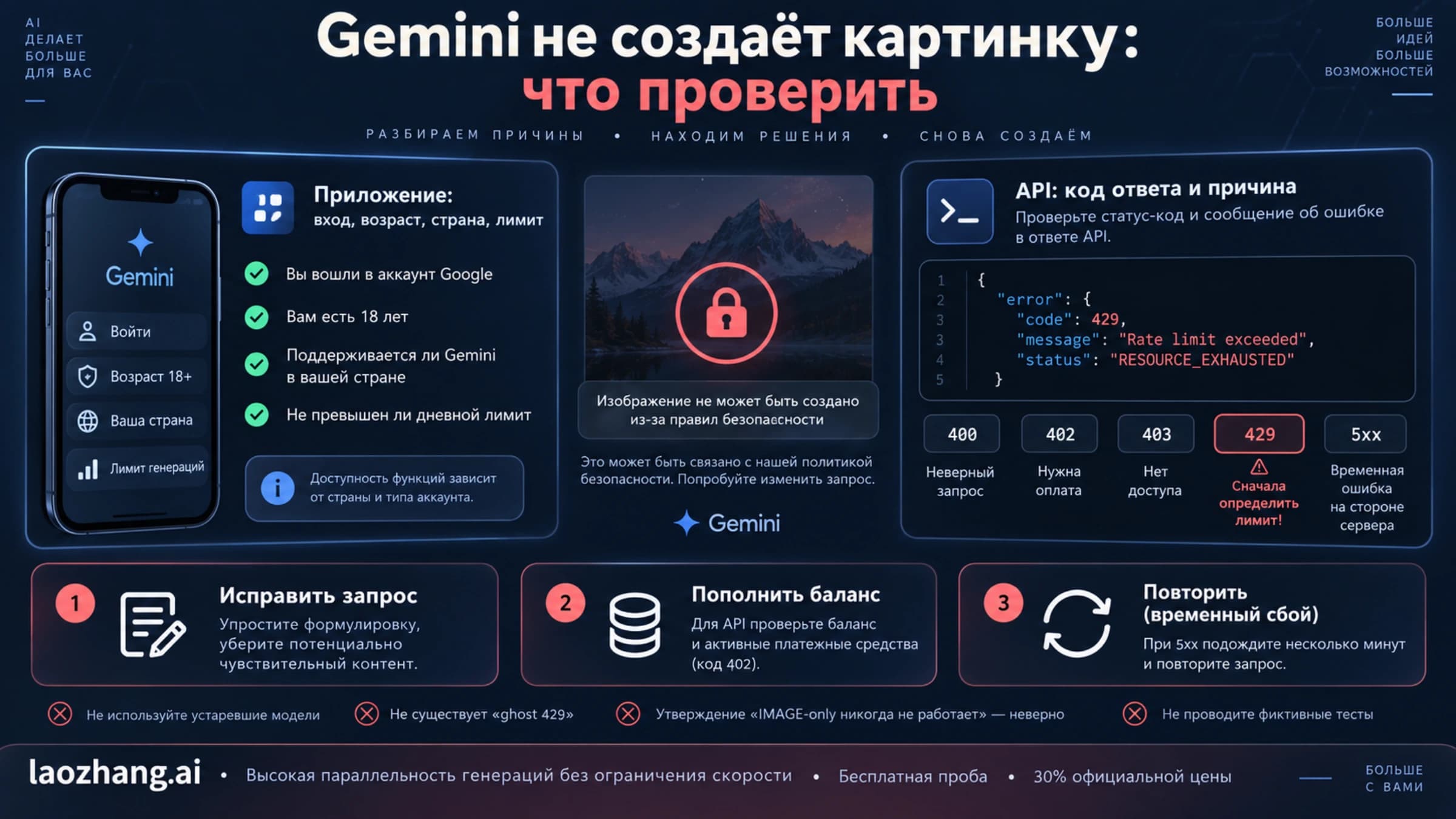 Ошибки изображений Gemini: отдельно приложение, отдельно коды API и блокировки