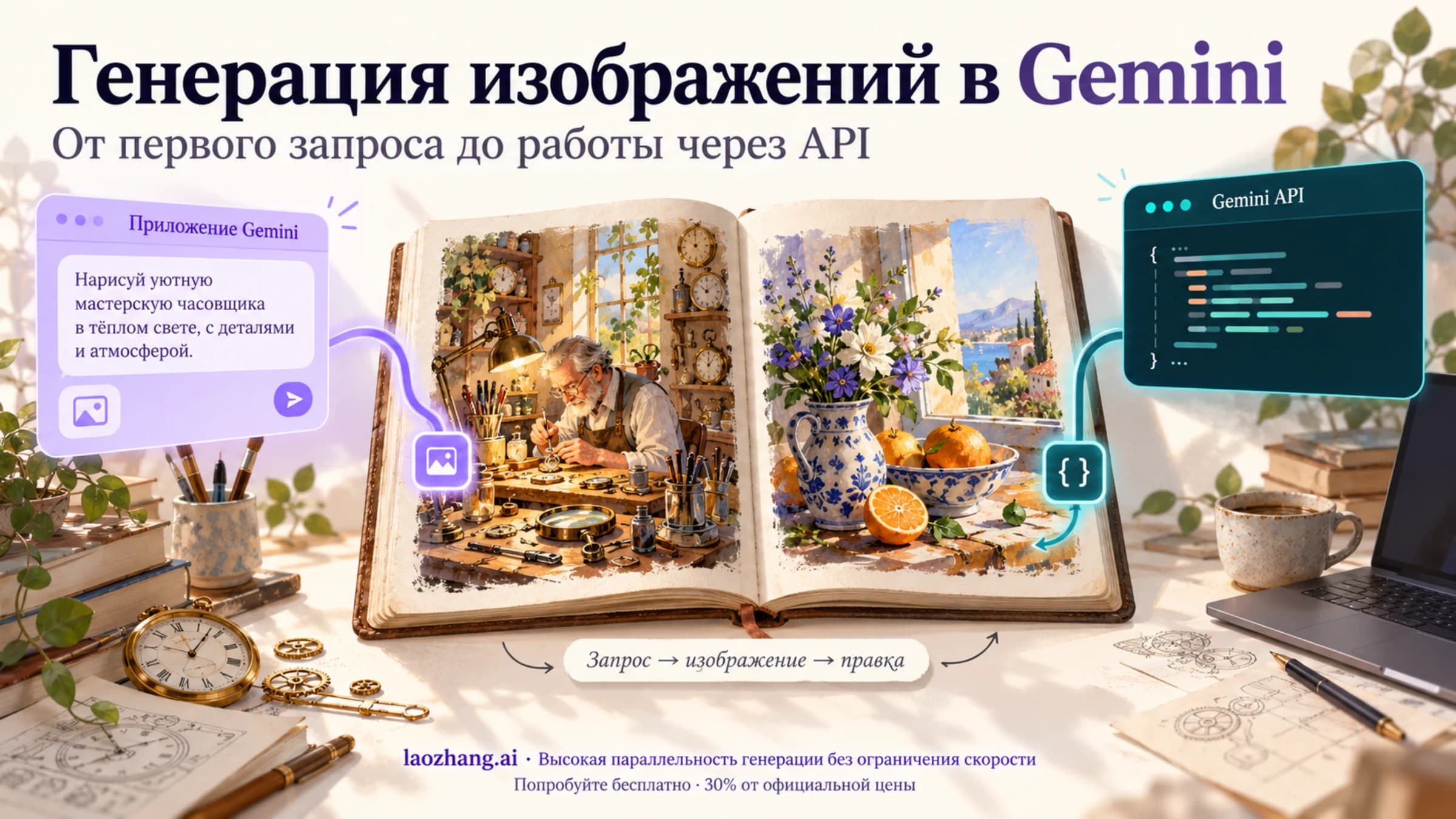 Иллюстрация генерации изображений в приложении Gemini и через API: от запроса к картинке и последующей правке