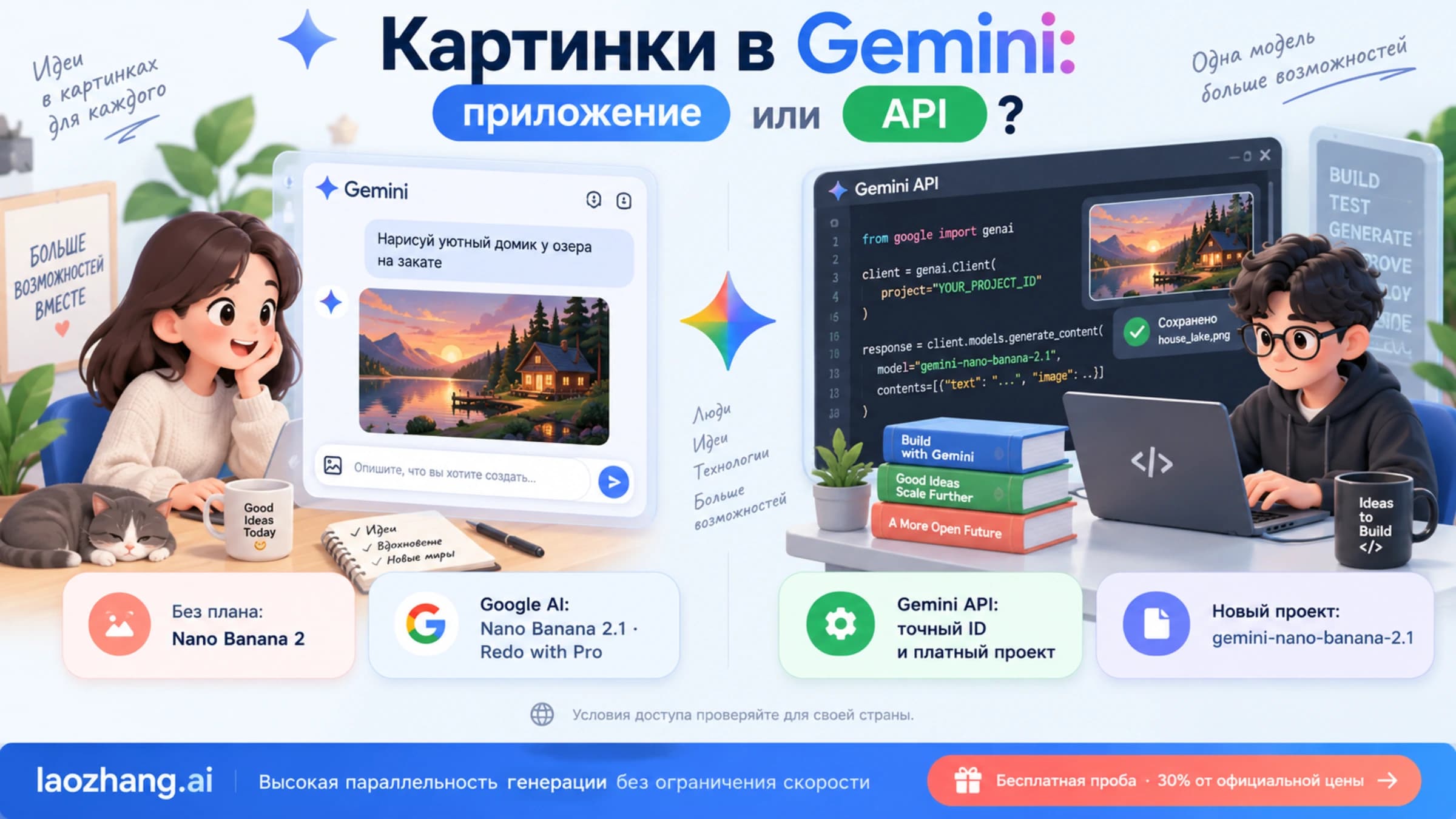Раздельные пути генерации в приложении Gemini и в API с выбором модели по плану или точному ID