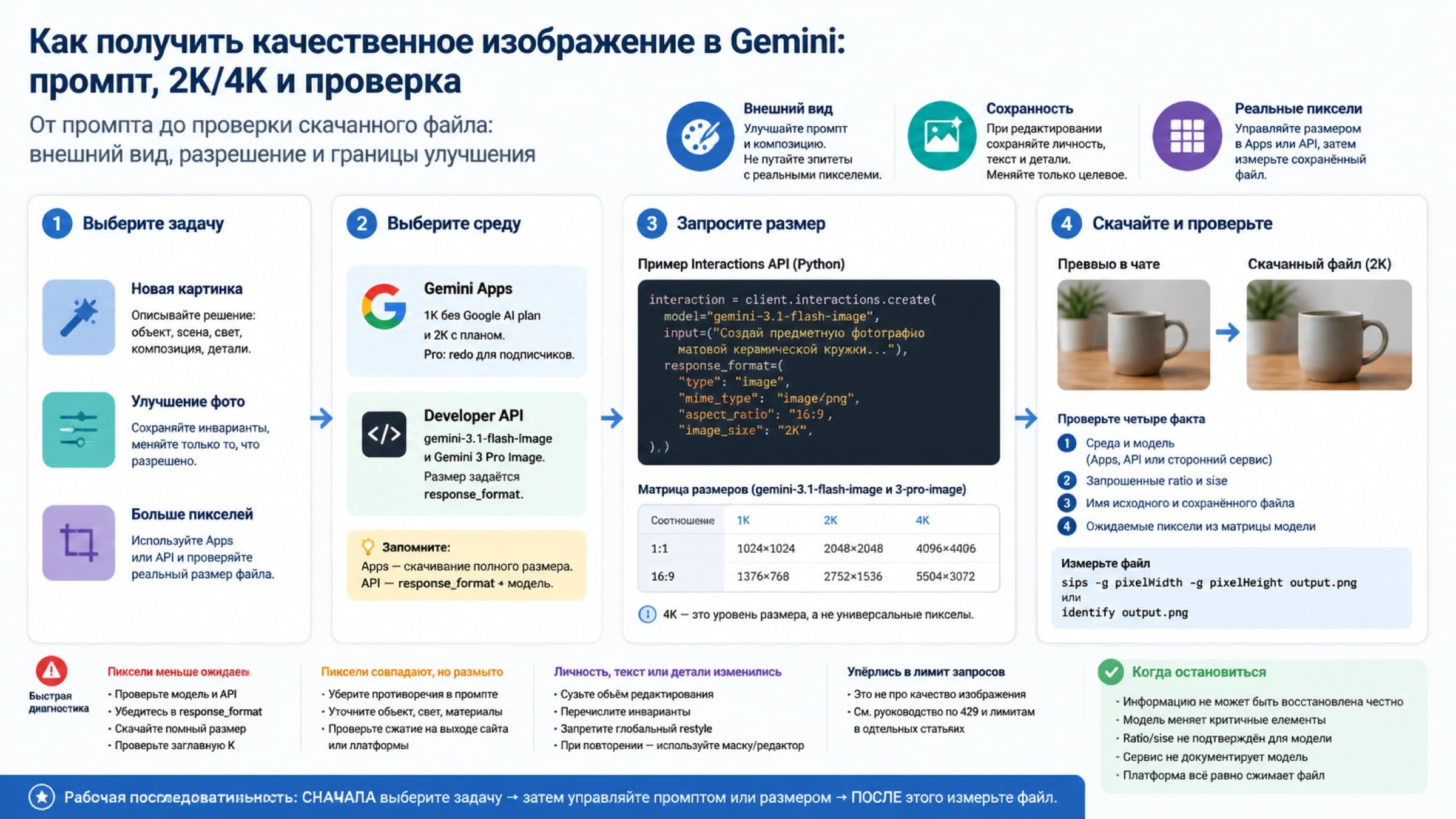 Схема выбора между промптом, настройкой реального размера и проверкой пикселей файла Gemini