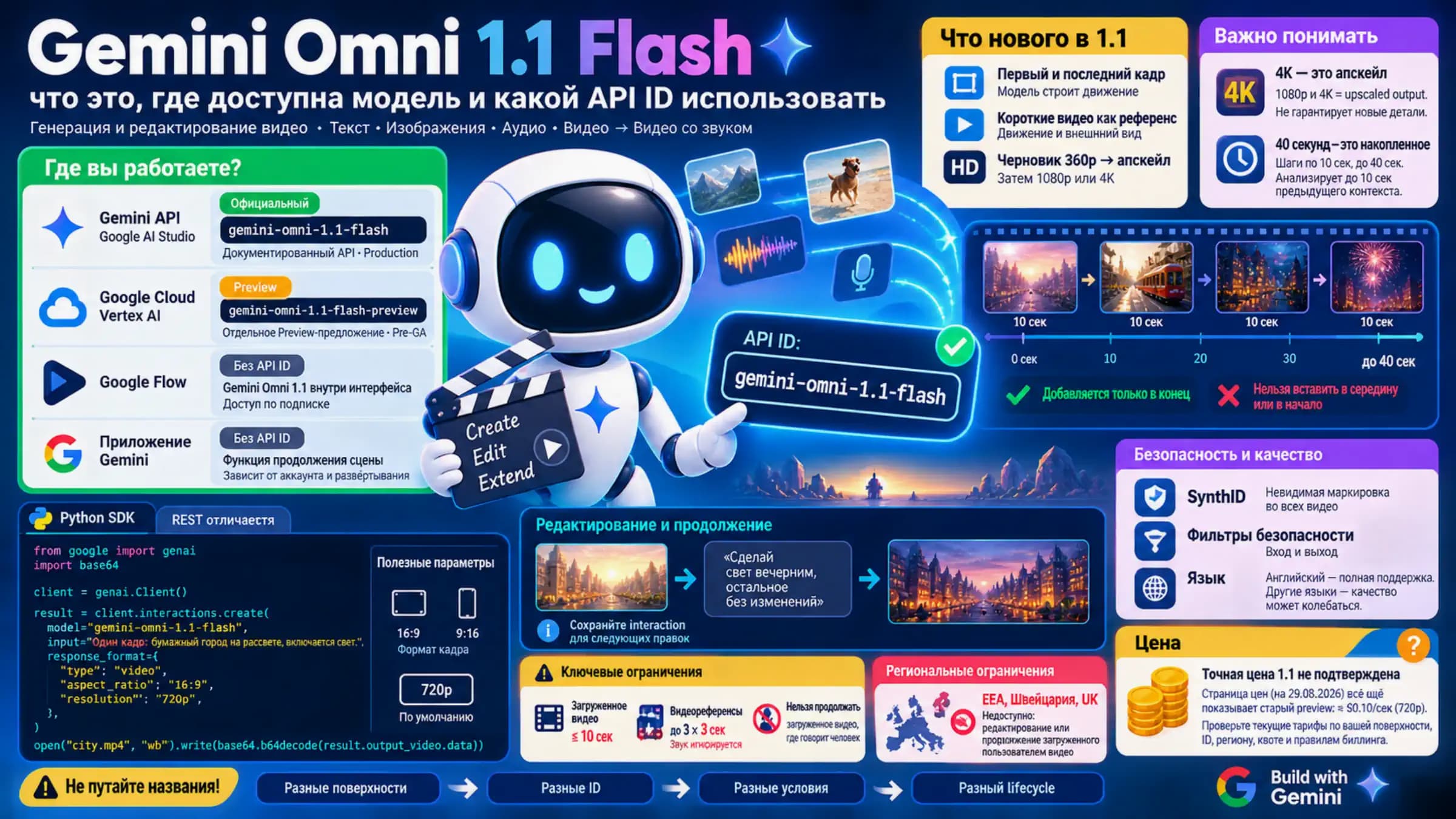 Русская схема Gemini Omni 1.1 Flash с маршрутами доступа, официальными model ID, возможностями видео, ограничениями 4K и 40 секунд, безопасностью и ценой