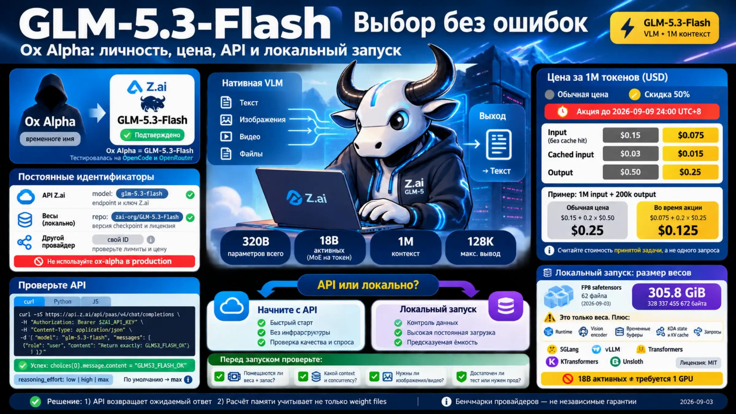 Русская схема выбора GLM-5.3-Flash с проверкой Ox Alpha, цены API и памяти для локального запуска