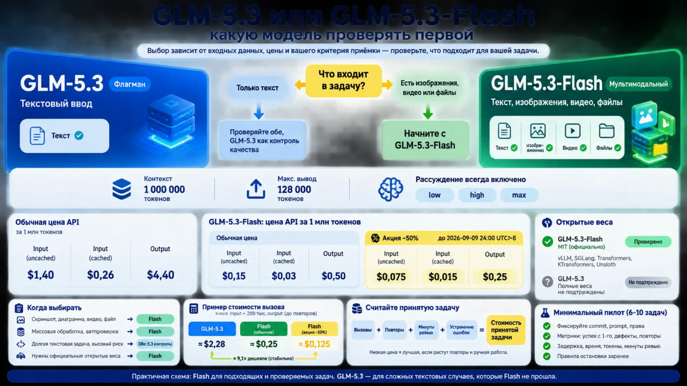 Сравнение контрактов, цен и первого маршрута для GLM-5.3 и GLM-5.3-Flash