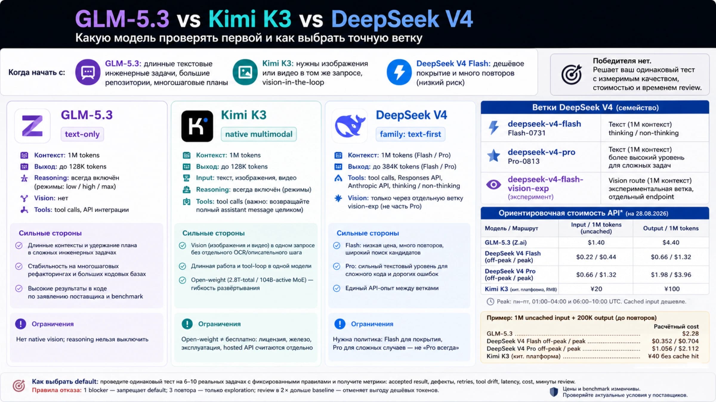Сравнение GLM-5.3, Kimi K3 и веток DeepSeek V4 с ценами и одинаковым тестом