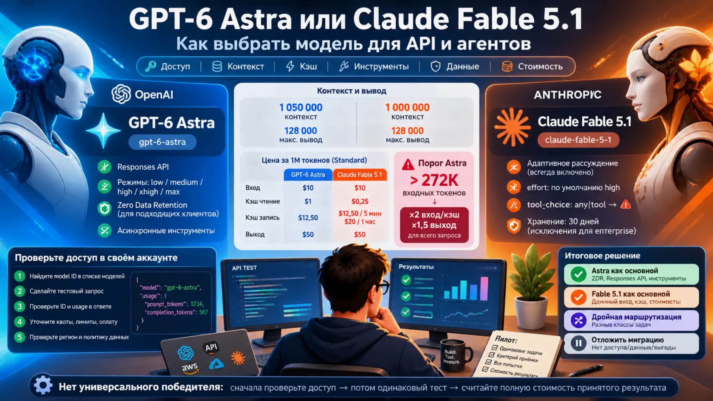 Сводное сравнение GPT-6 Astra и Claude Fable 5.1 по доступу, контексту, цене API, инструментам и вариантам решения