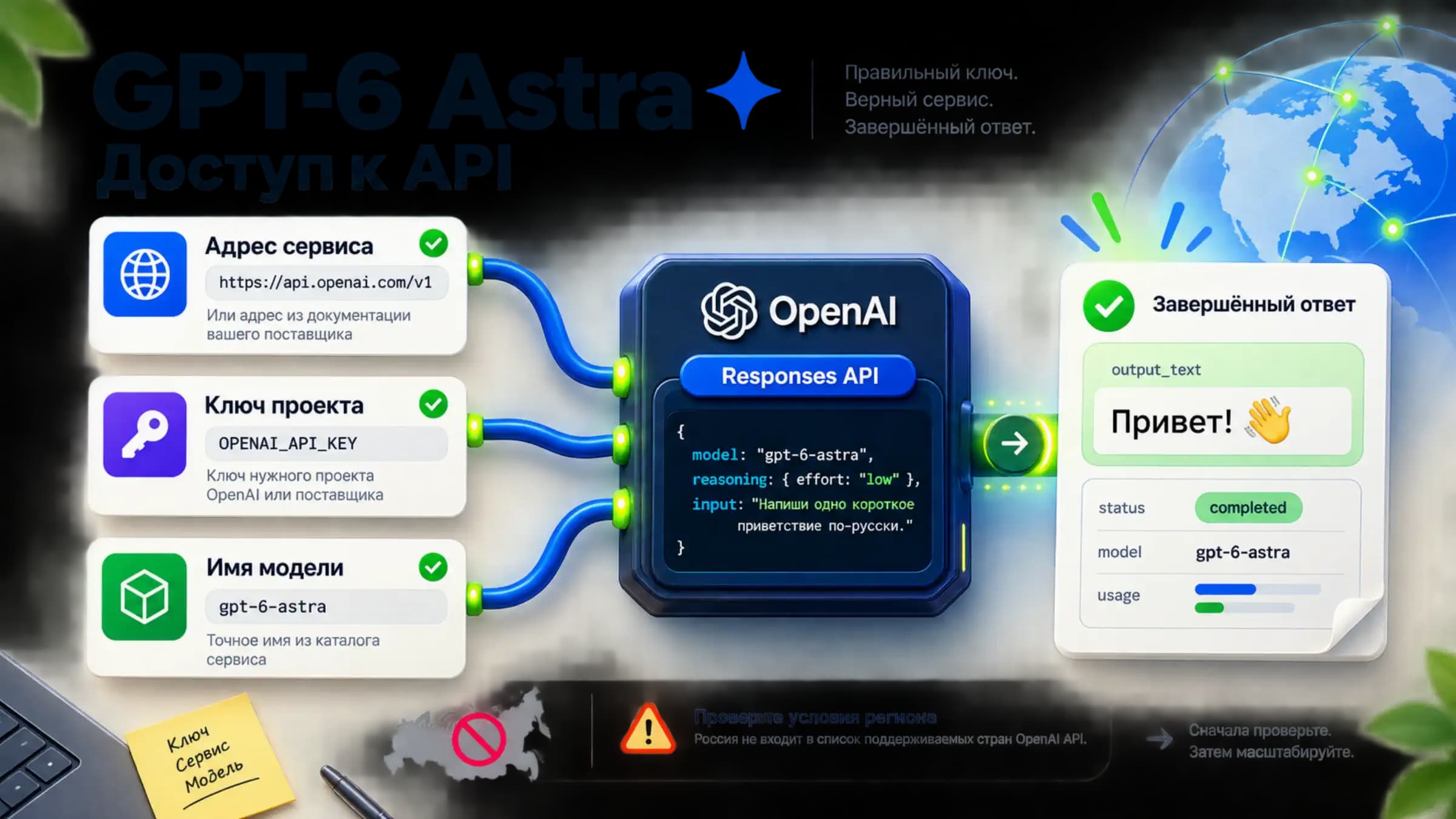 Подключение к GPT-6 Astra: согласованные адрес сервиса, ключ проекта и имя модели