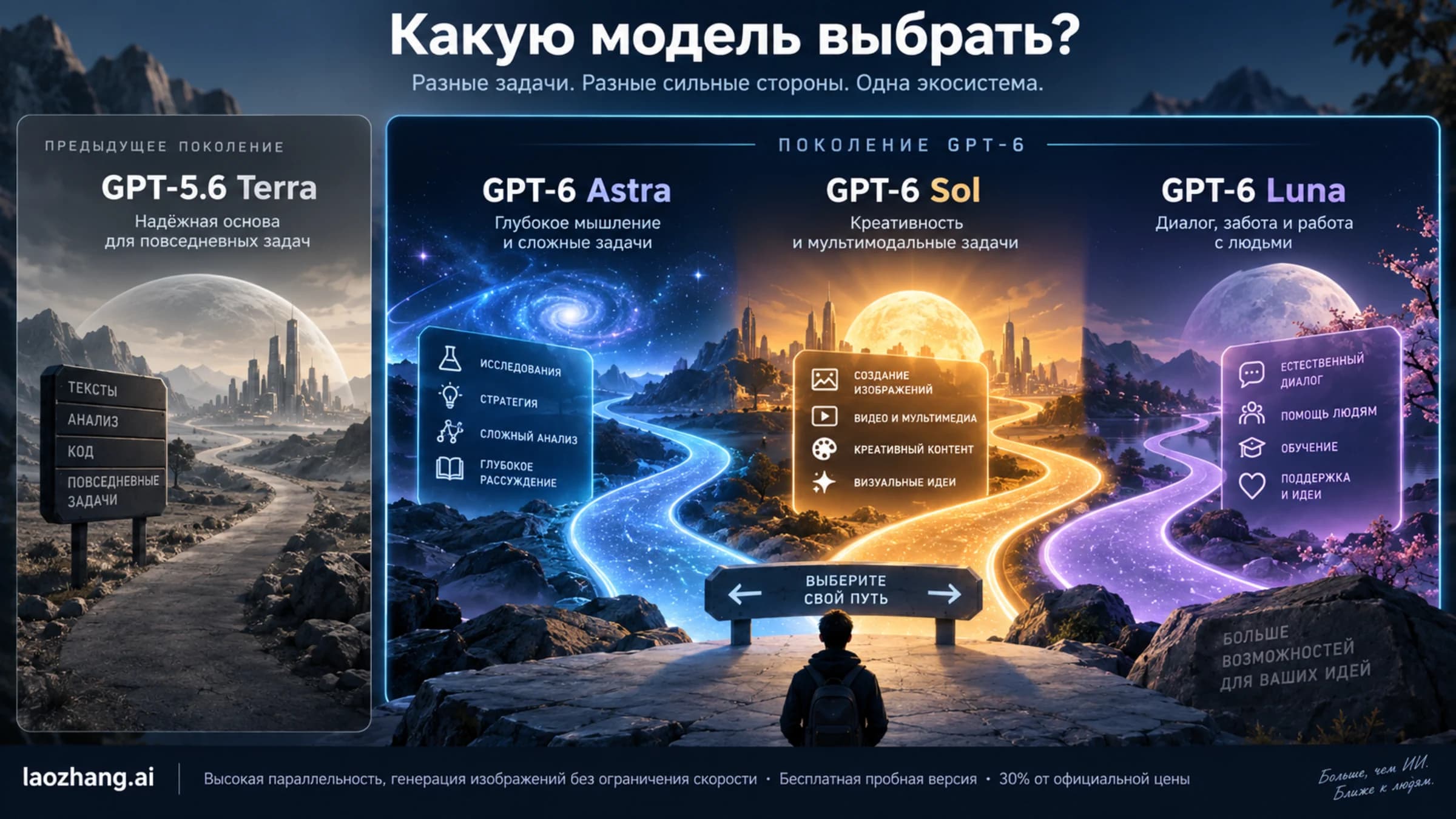 Четыре модели на схеме выбора: GPT-6 Astra, Sol и Luna отдельно от GPT-5.6 Terra